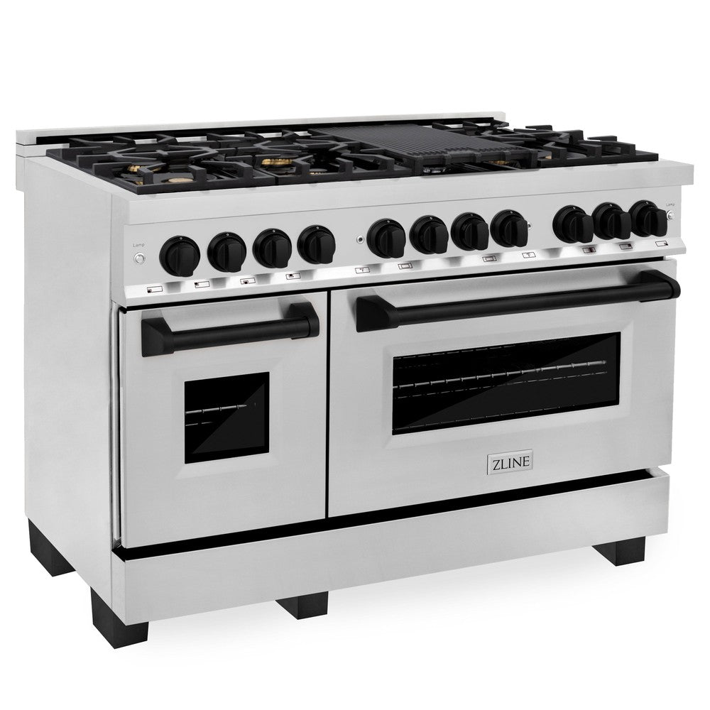 ZLINE Autograph Edition 48-inch Stainless Steel Kitchen Package - Dual Fuel Range, Range Hood, Dishwasher & Refrigerator with Matte Black Accents (4KAPR RARHDWM48 MB) | Premium Appliance Bundle for Modern Kitchens & Luxury Home Renovations