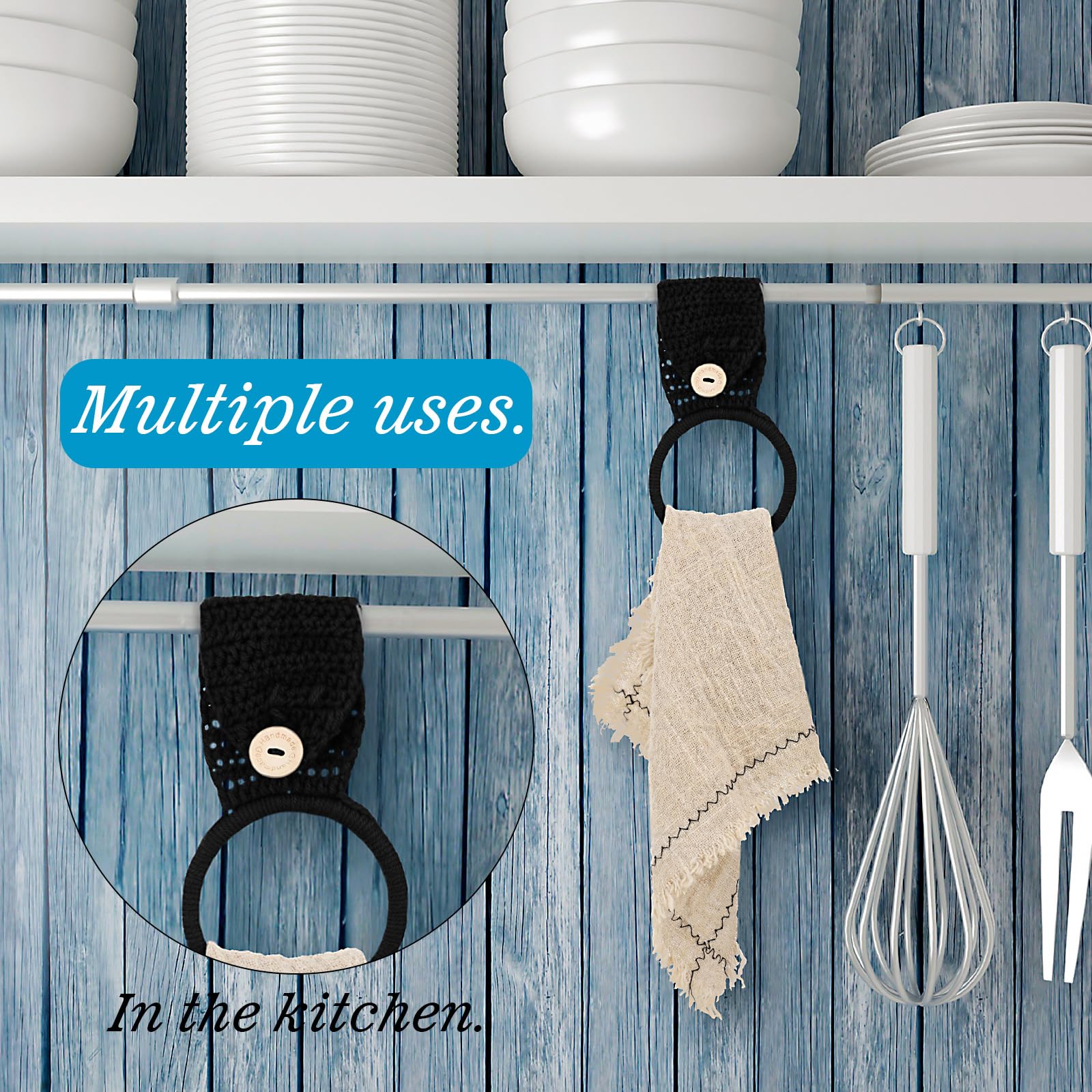 Tatuo 3-Piece Crochet Towel Holder Set - Hanging Kitchen & Bathroom Dish Towel Rings - Oven Handle Hooks for Stove (Black) - Perfect for Organizing Kitchen Towels, Oven Mitts & Utensils