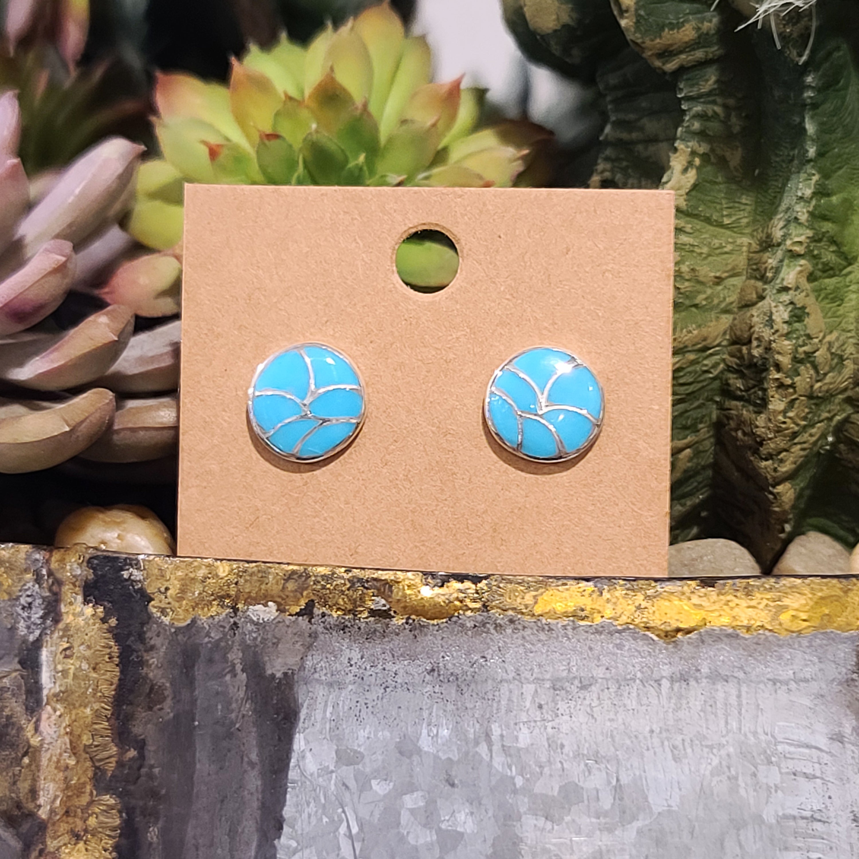 Indian Touch of Gallup Antionettiinlay Stud Earrings IT58E - Handmade Silver Jewelry for Women, Boho Chic Accessories for Parties & Weddings