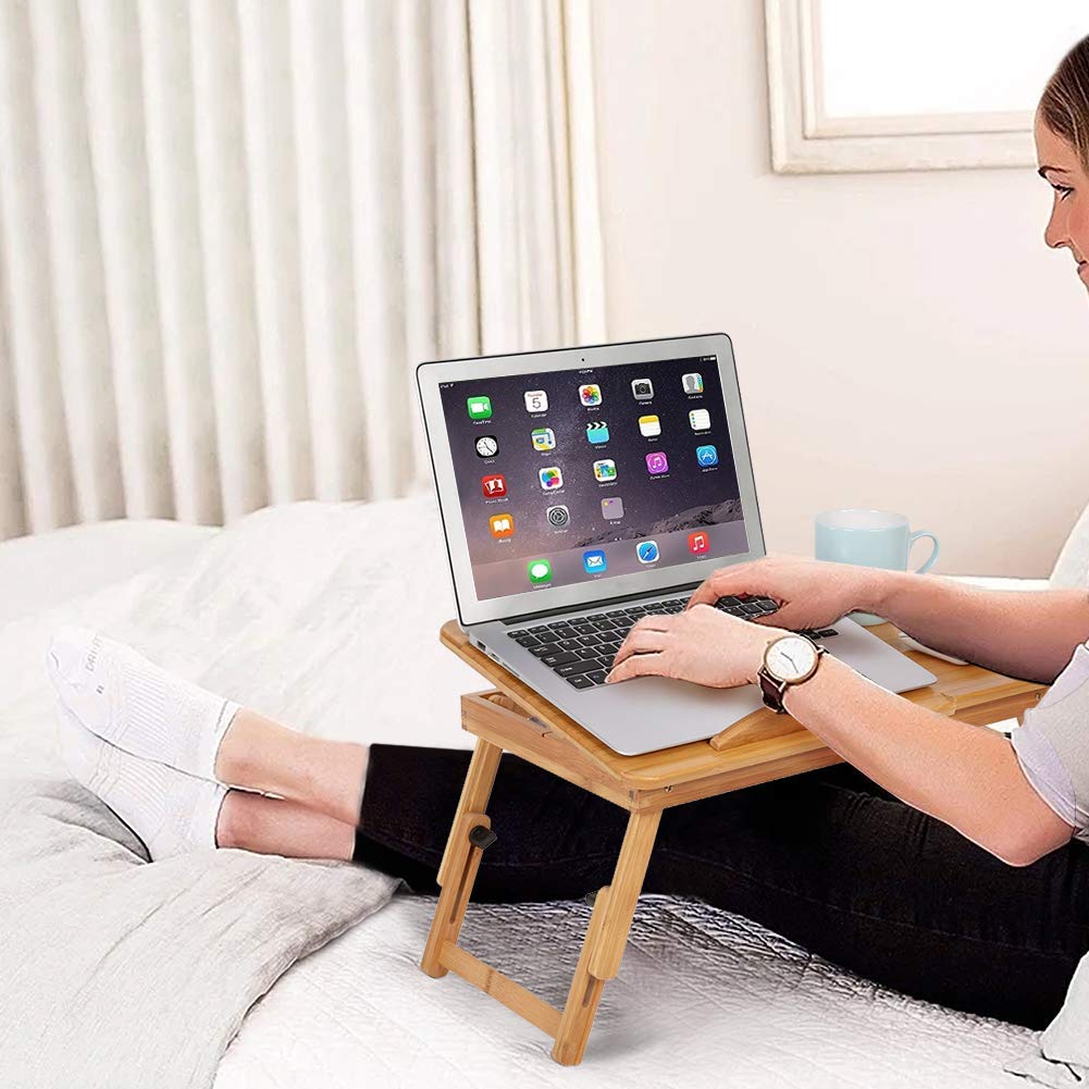Adjustable Bamboo Laptop Desk with Drawer - Portable Bed Tray Stand for Home Office & Dorm - Perfect for Working, Studying, Drawing & Eating in Bed or on Sofa