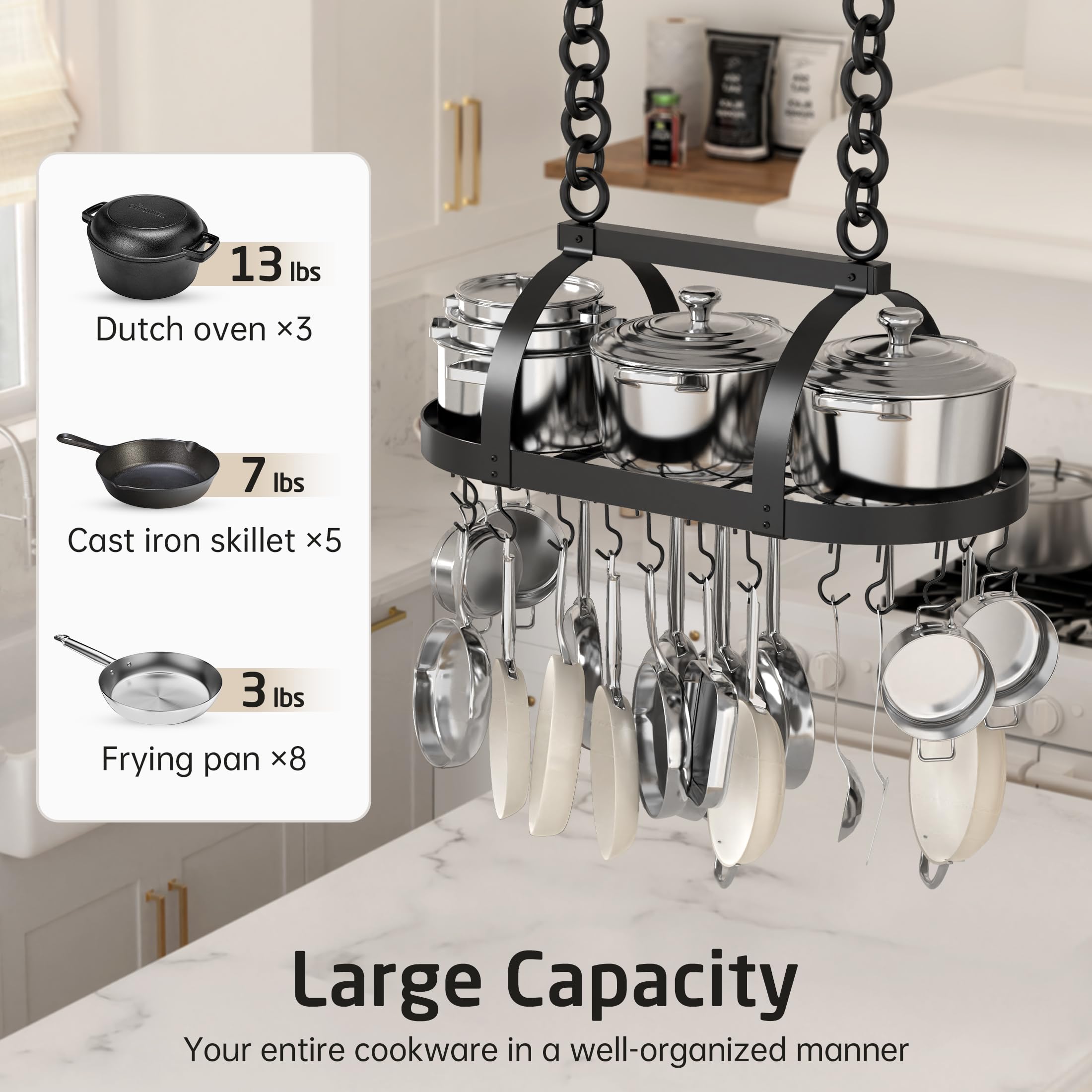 34-Inch Oval Matte Black Ceiling Pot Rack with 20 S-Hooks - Heavy Duty Kitchen Storage for Pots & Pans - Fits 16