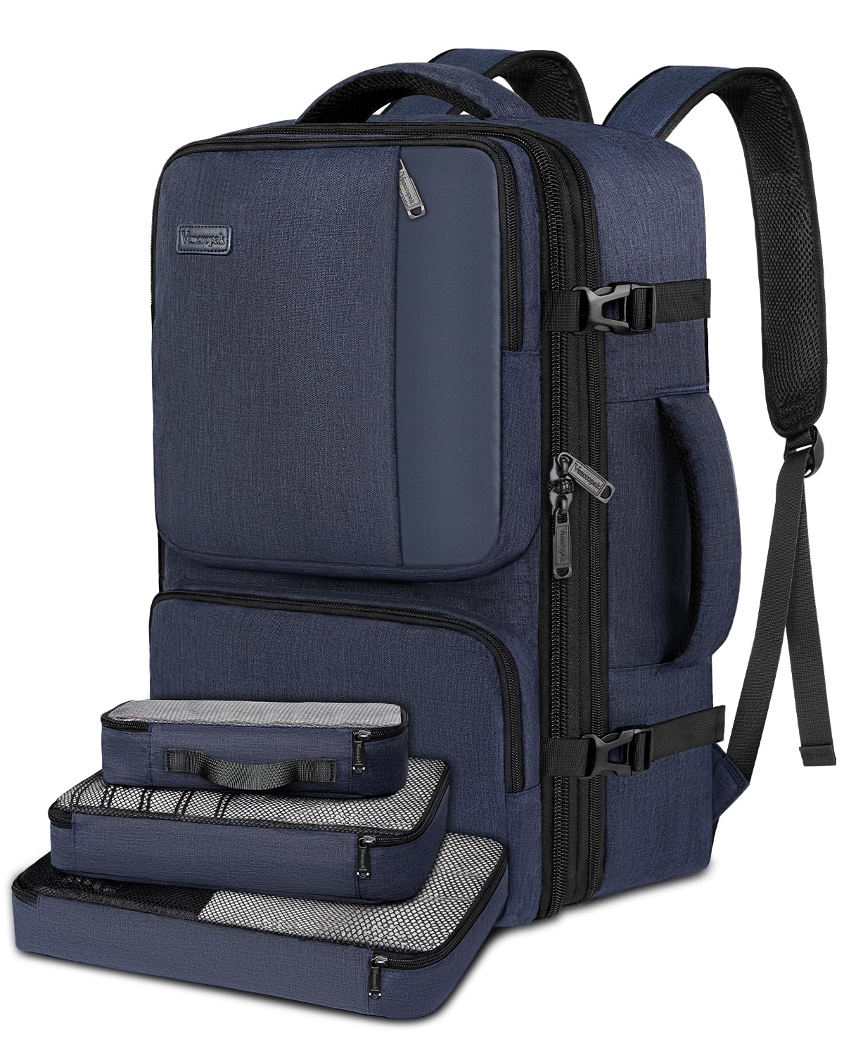 Vancropak 45L Carry On Backpack - TSA Approved Expandable Travel Backpack with 3 Packing Cubes for Men & Women, Water Resistant Weekender Bag, Perfect for Air Travel, Hiking & Daily Commute (Blue)