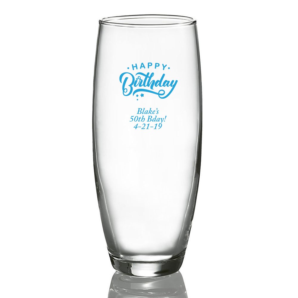 Personalized Blue Stemless Champagne Glasses - 48 Pack for Birthday Parties, Weddings, Anniversaries & Celebrations - Custom Printed with Happy Birthday Message