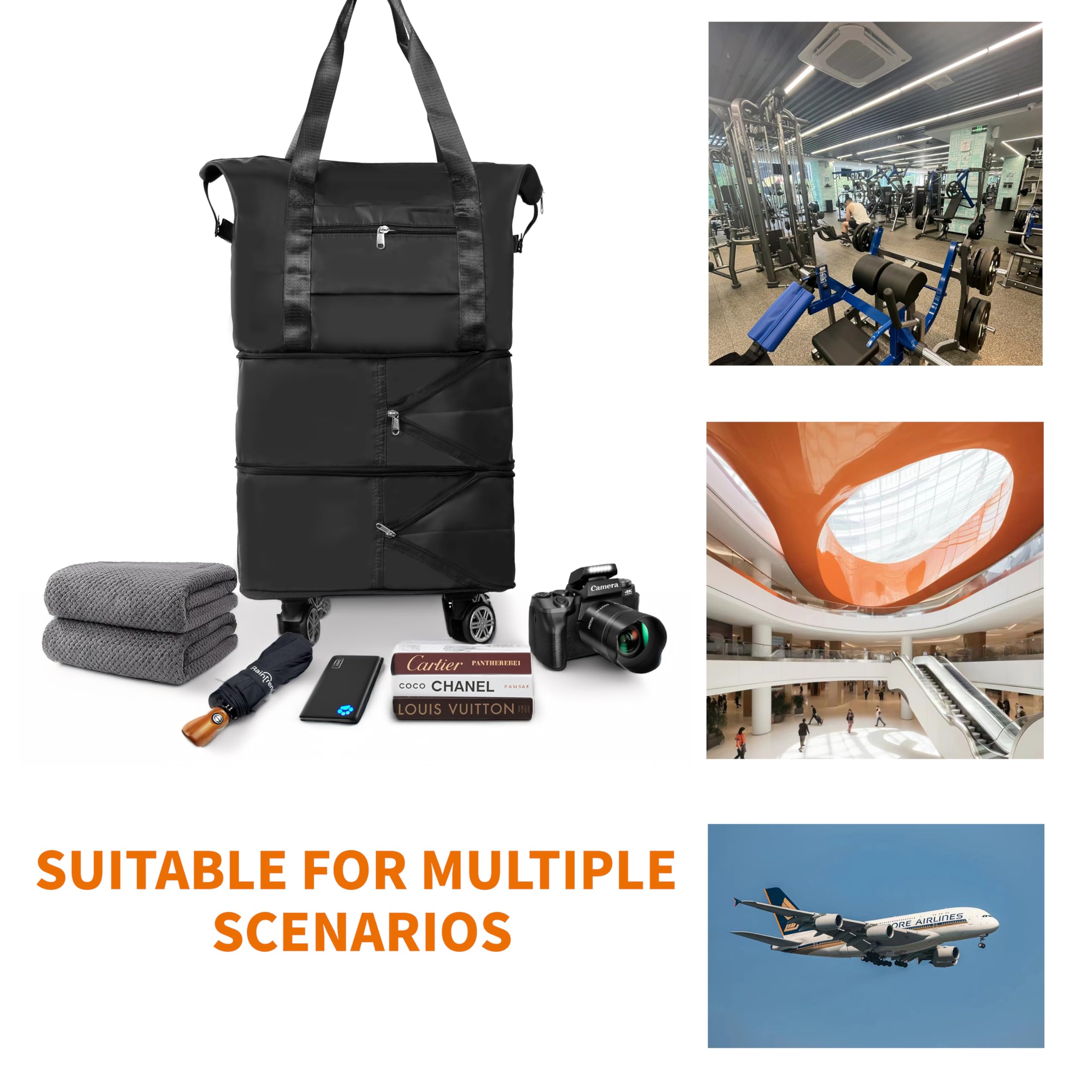 Finnhomy 50L Expandable Rolling Duffel Bag with Wheels - Foldable Carry On Luggage for Travel, Shopping & Outdoor Activities - Detachable Wheel Duffel Bag - Perfect for Airplane, Gym, Camping & Weekend Getaways (Black)