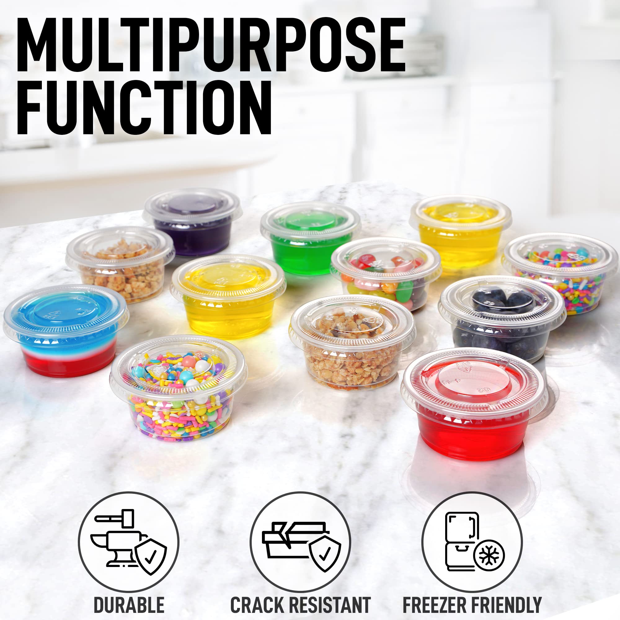 200-Pack Clear Halloween Jello Shot Cups with Lids (2oz) - Disposable Plastic Portion Cups for Slime, Candies, Sauces - Perfect for Parties, Catering, and DIY Crafts