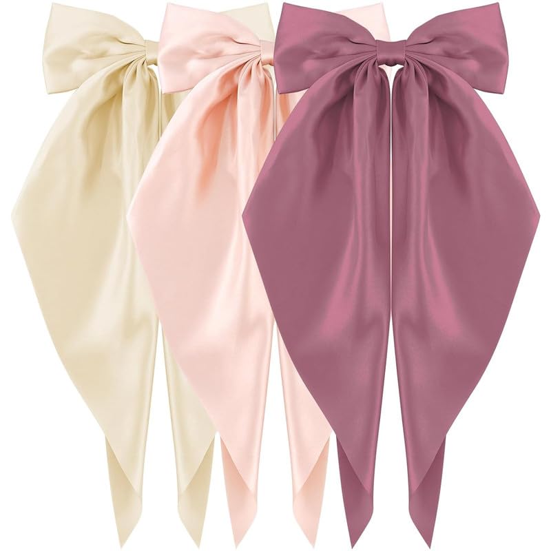 Staila 3PCS Satin Hair Bows for Women & Girls - Black White Soft Silky Hair Barrettes with Long Tail - Large Bowknot Hair Clips Accessories (3 Colors) - Perfect for Weddings, Parties, School & Daily Fashion Styling