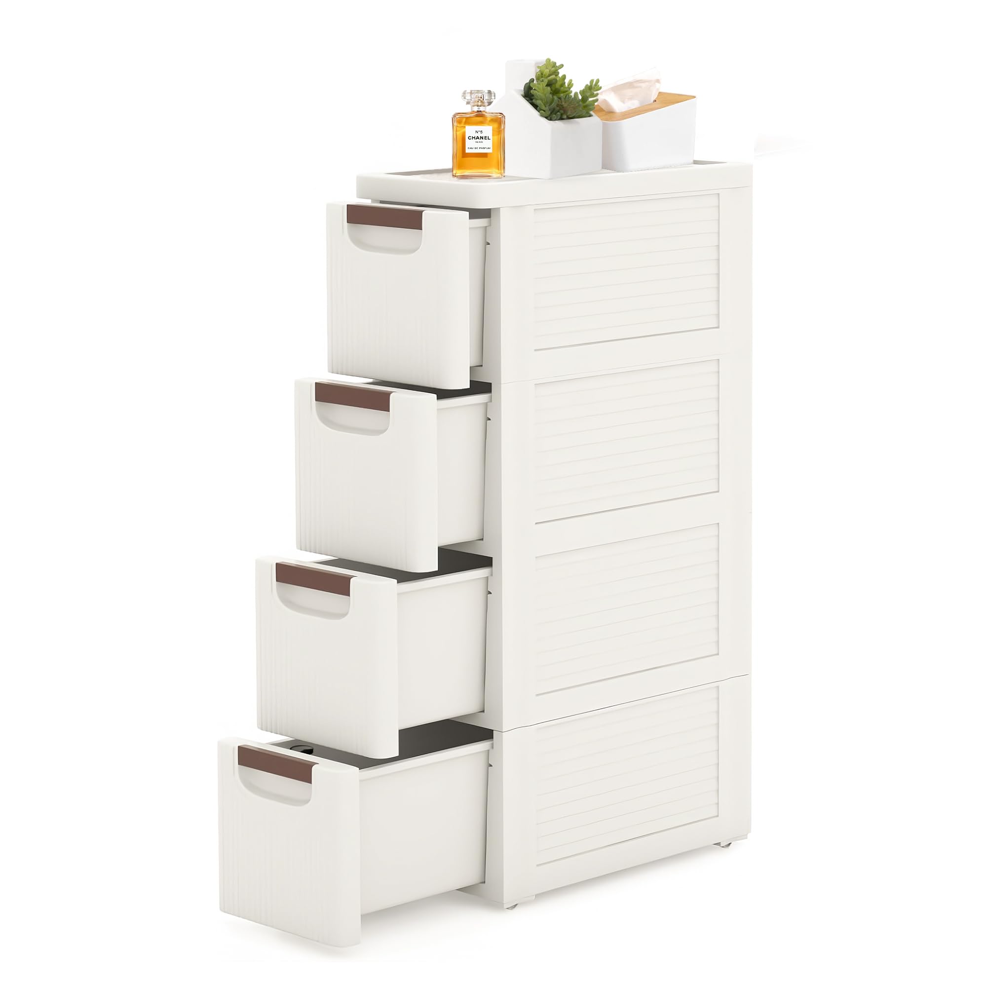 4-Drawer Slim Bathroom Storage Cabinet - Narrow Plastic Rolling Cart Organizer with Wheels for Small Spaces - Perfect for Kitchen, Laundry, Office & Bedroom (White) - Space-Saving Solution for Apartments, Dorms & Tiny Homes