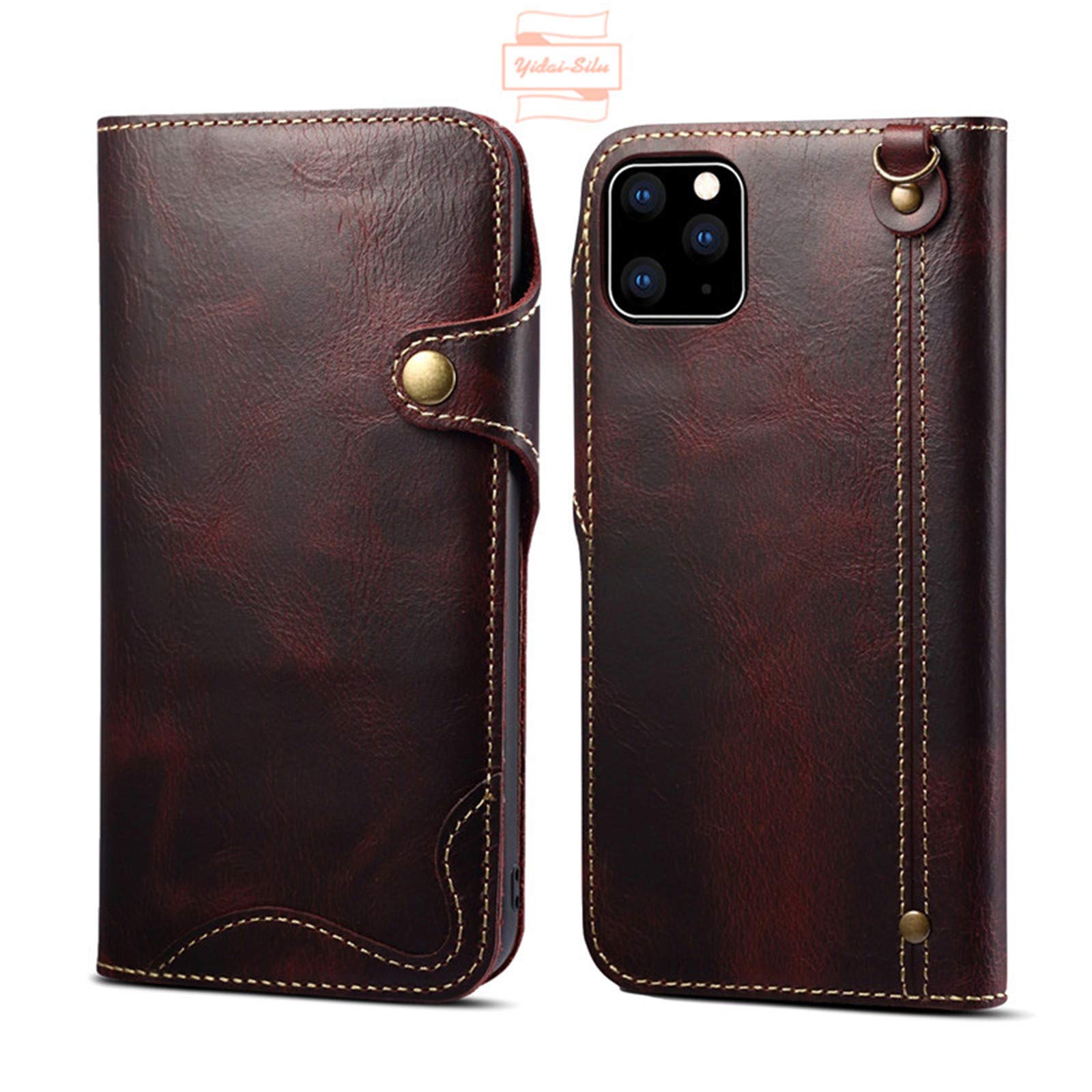 Genuine Cowhide Leather Flip Case for iPhone 13 Pro Max with Magnetic Button, Wristband & Card Holder | Shockproof TPU Bumper Wallet Phone Cover (6.7