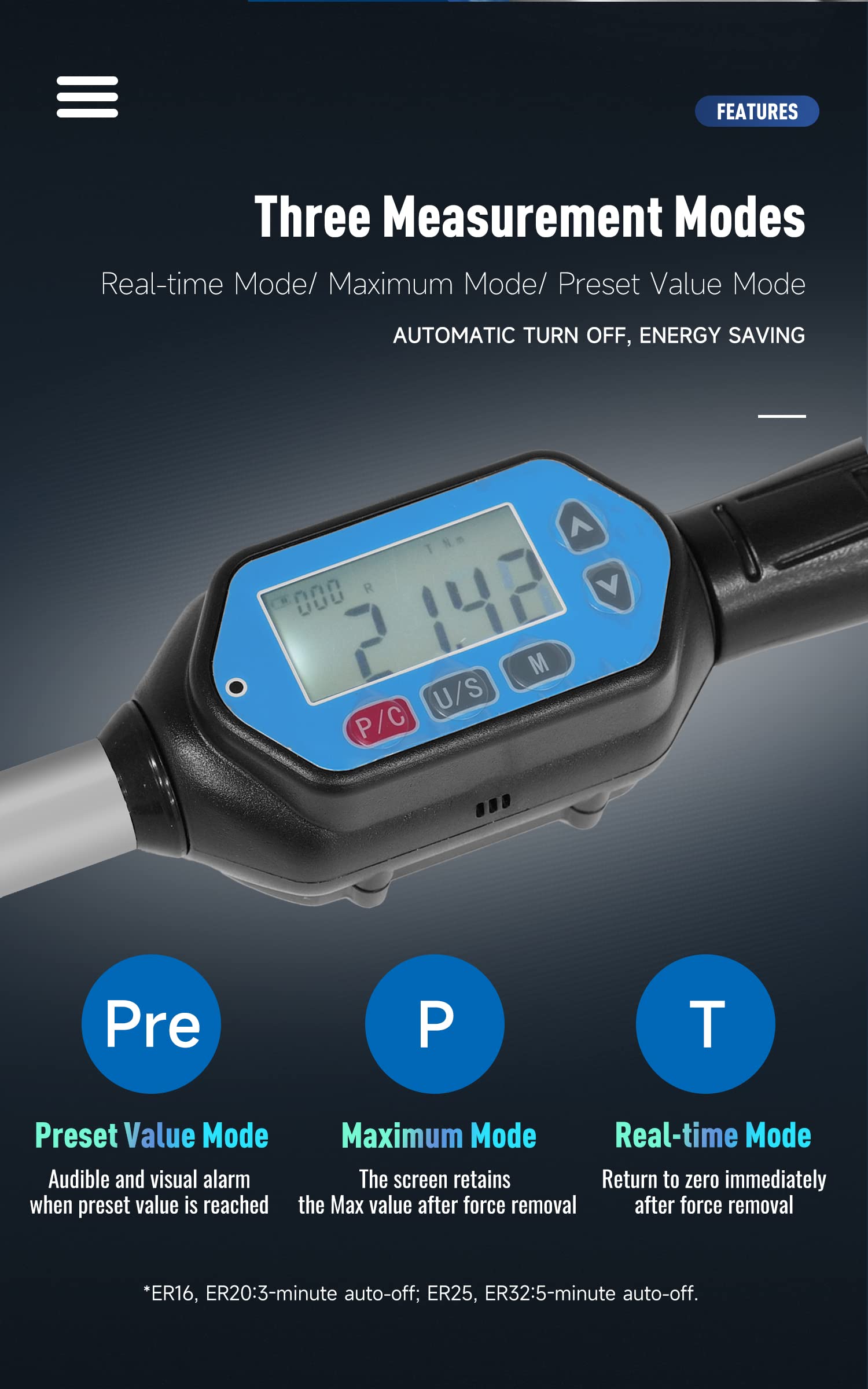 ZAC Digital Torque Wrench ER25UM - ±2% Accuracy Electronic Nut Torque Wrench with Audible/Visual Alarms & LED Indicator for ER Series Nuts - Perfect for Automotive Repair, Industrial Maintenance & DIY Projects