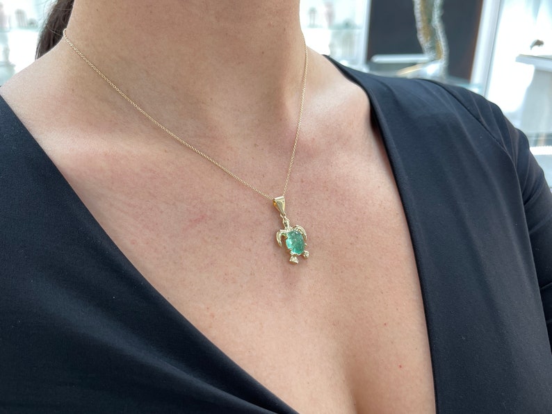 4.32 Carat 14K White Gold Emerald Sea Turtle Pendant Necklace - Ocean Inspired Jewelry for Beach Lovers, Nautical Gift for Women, Perfect for Vacation & Summer Outfits