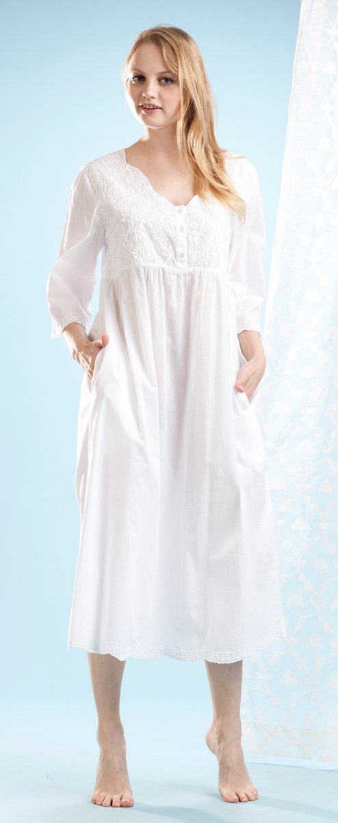 LA CERA Women's 100% Cotton Nightgown with White Floral Embroidery - Button Front Sleepwear with Side Pockets for Comfortable Sleeping & Lounge Wear at Home