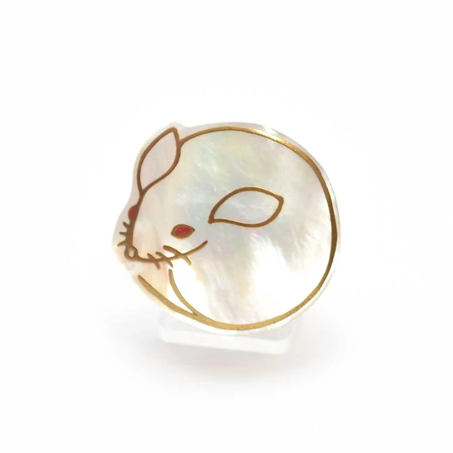 Handcrafted Maki-e Urushi Lacquer Brooch with White South Sea Pearl Shell & Mouse Design | Traditional Japanese Lacquer Jewelry | Perfect for Formal Occasions, Gift Giving & Cultural Fashion Statements