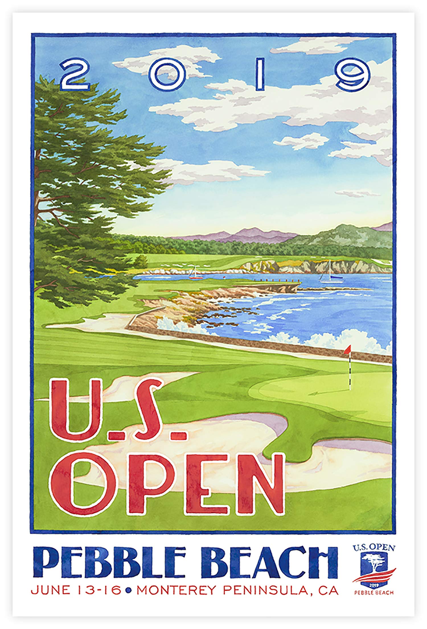 Lee Wybranski Official Golf Art Print - 2019 U.S. Open Championship at Pebble Beach - 20x30 Inch Framed Golf Poster - Perfect Golf Gift for Men, Dad, Husband - Home Office, Man Cave, Golf Club Decor