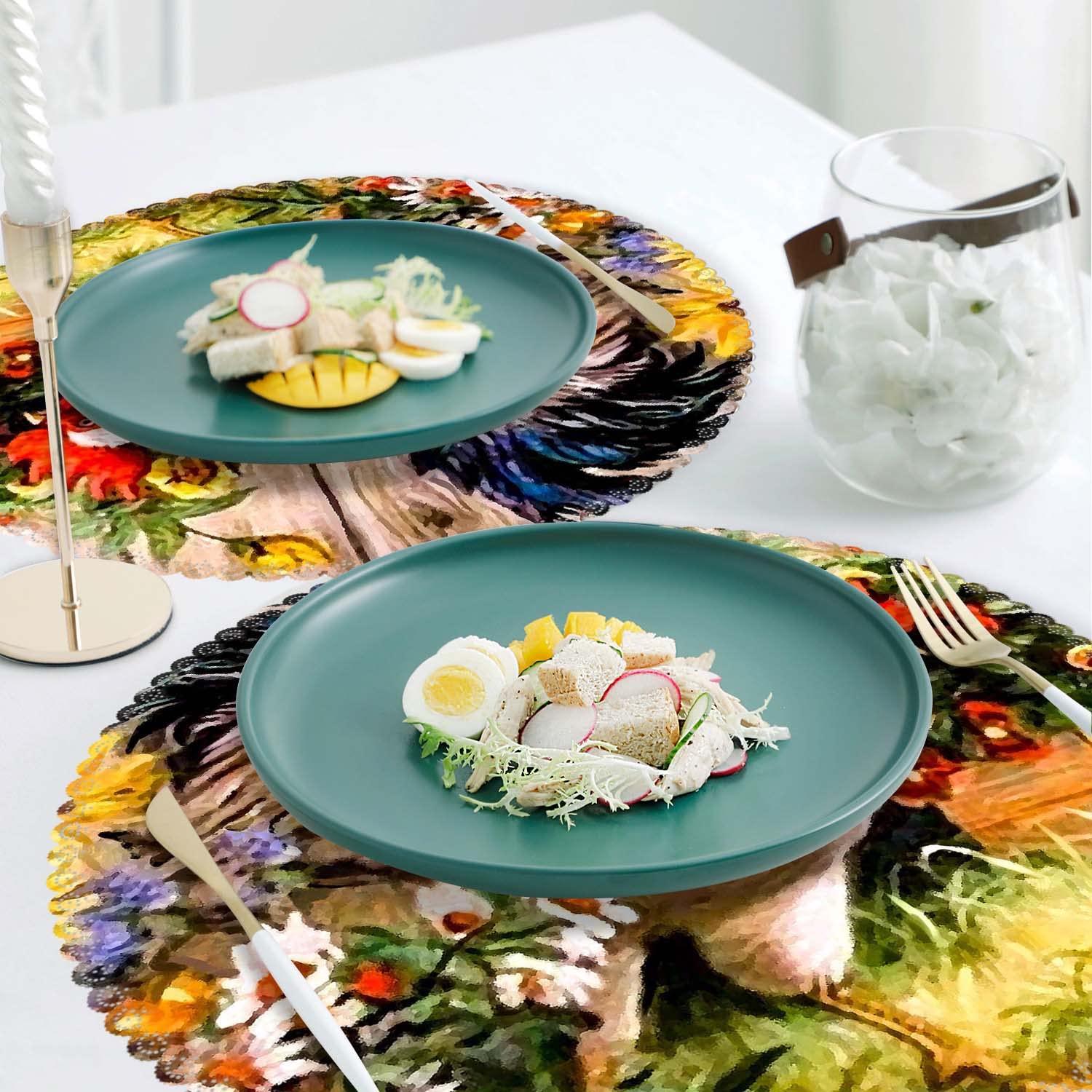 Round Heat Resistant Placemats Set of 4 - Washable Polyester Table Mats for Kitchen & Dining Room Decor - Rooster Garden Design - Perfect for Everyday Meals, Dinner Parties, and Holiday Gatherings