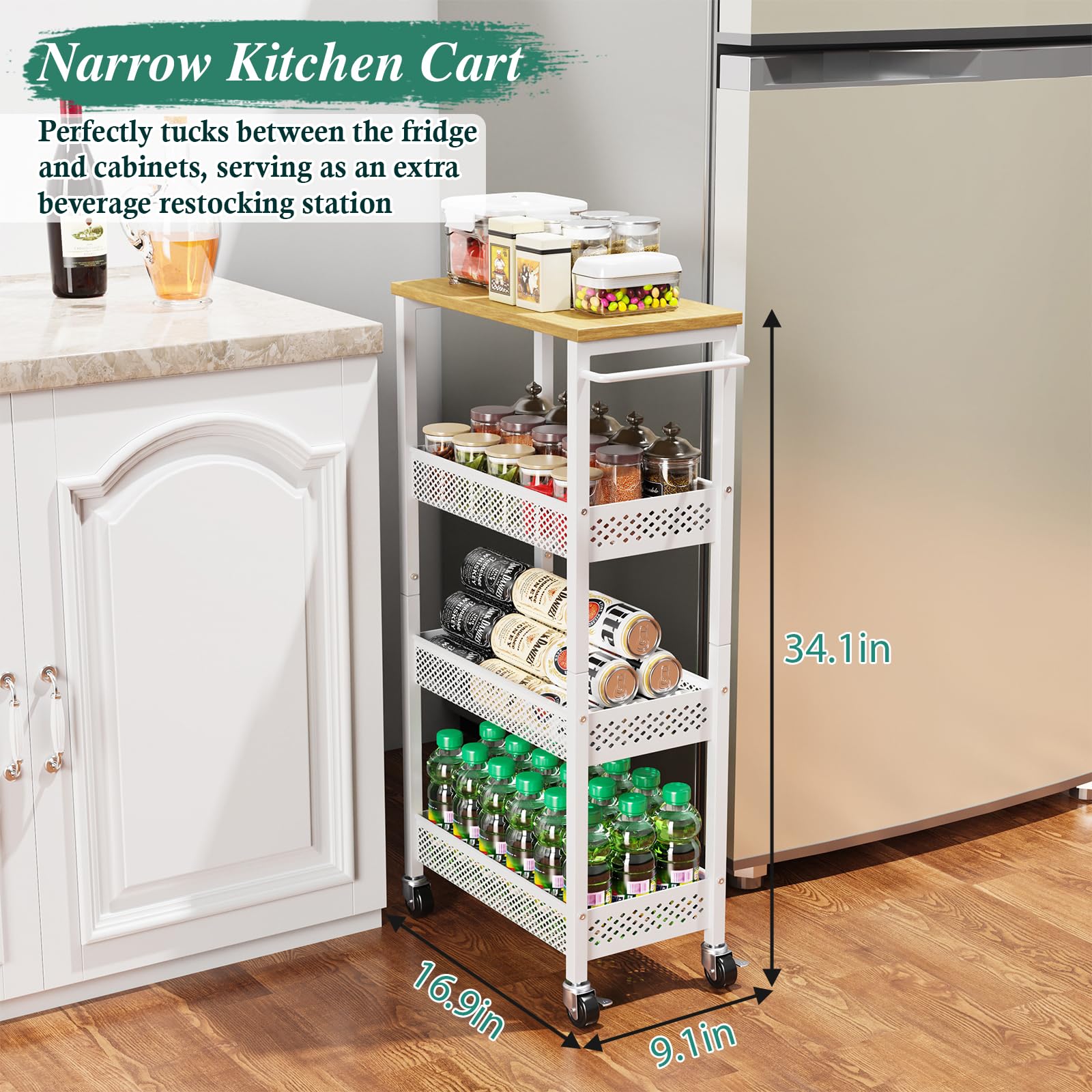 4-Tier Slim Rolling Storage Cart with Wheels - Narrow Metal Bathroom & Kitchen Organizer with Wood Top - Space-Saving Utility Cart for Laundry Room, Small Spaces - Perfect for Bathroom Essentials, Kitchen Supplies & Home Organization
