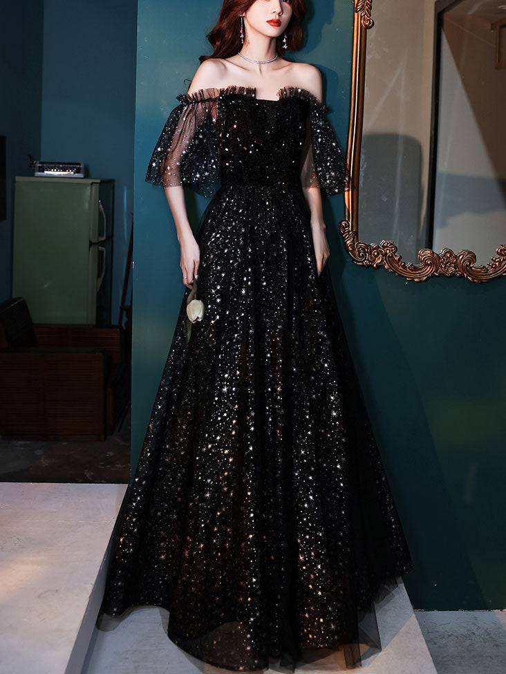 Elegant Black Tulle Off Shoulder Long Prom Dress for Evening Gowns & Formal Events - Perfect for Homecoming, Weddings & Special Occasions