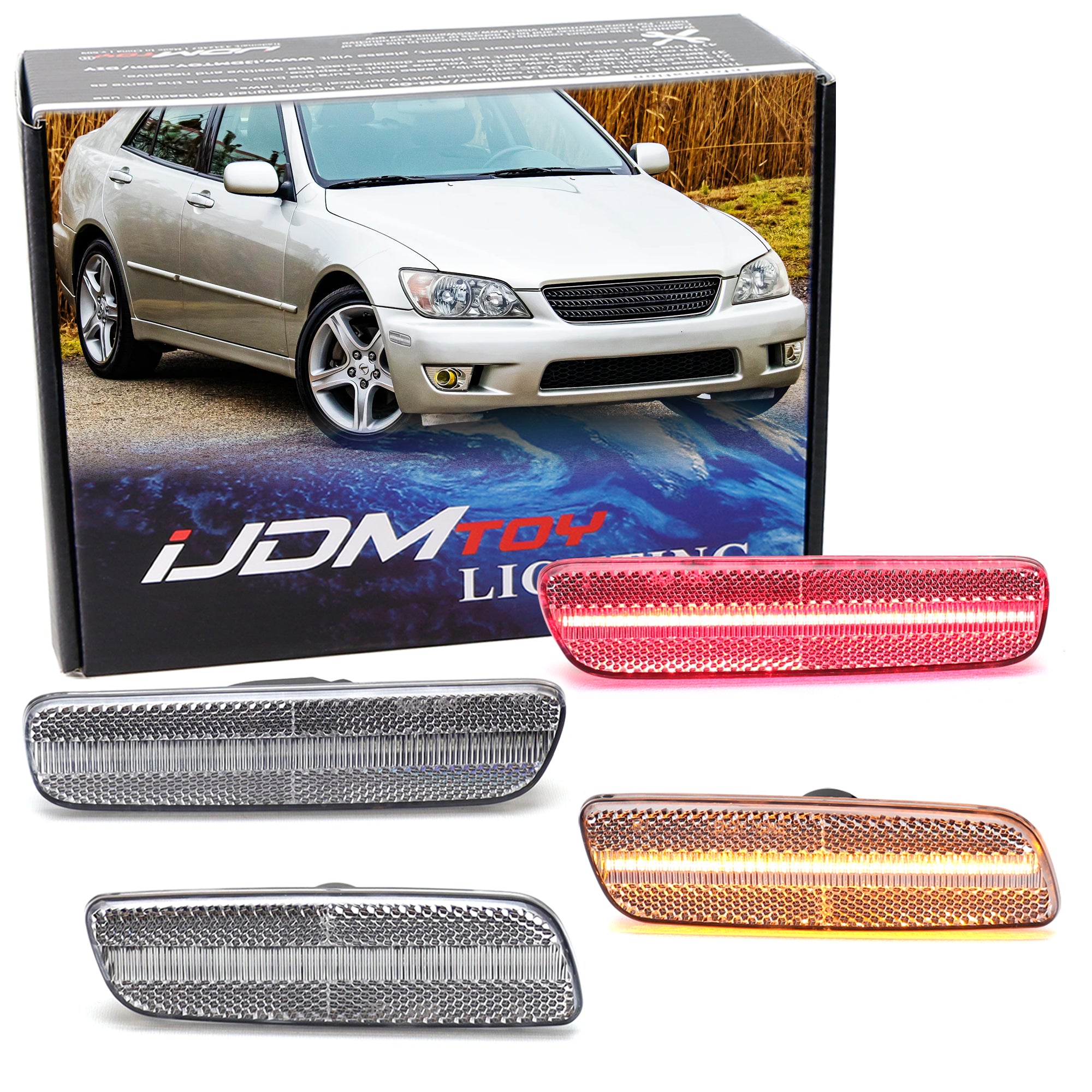 4-Piece Clear Lens Amber/Red LED Side Markers for 2001-2005 Lexus IS300 - Front & Rear Replacement Lights for Enhanced Visibility & Style