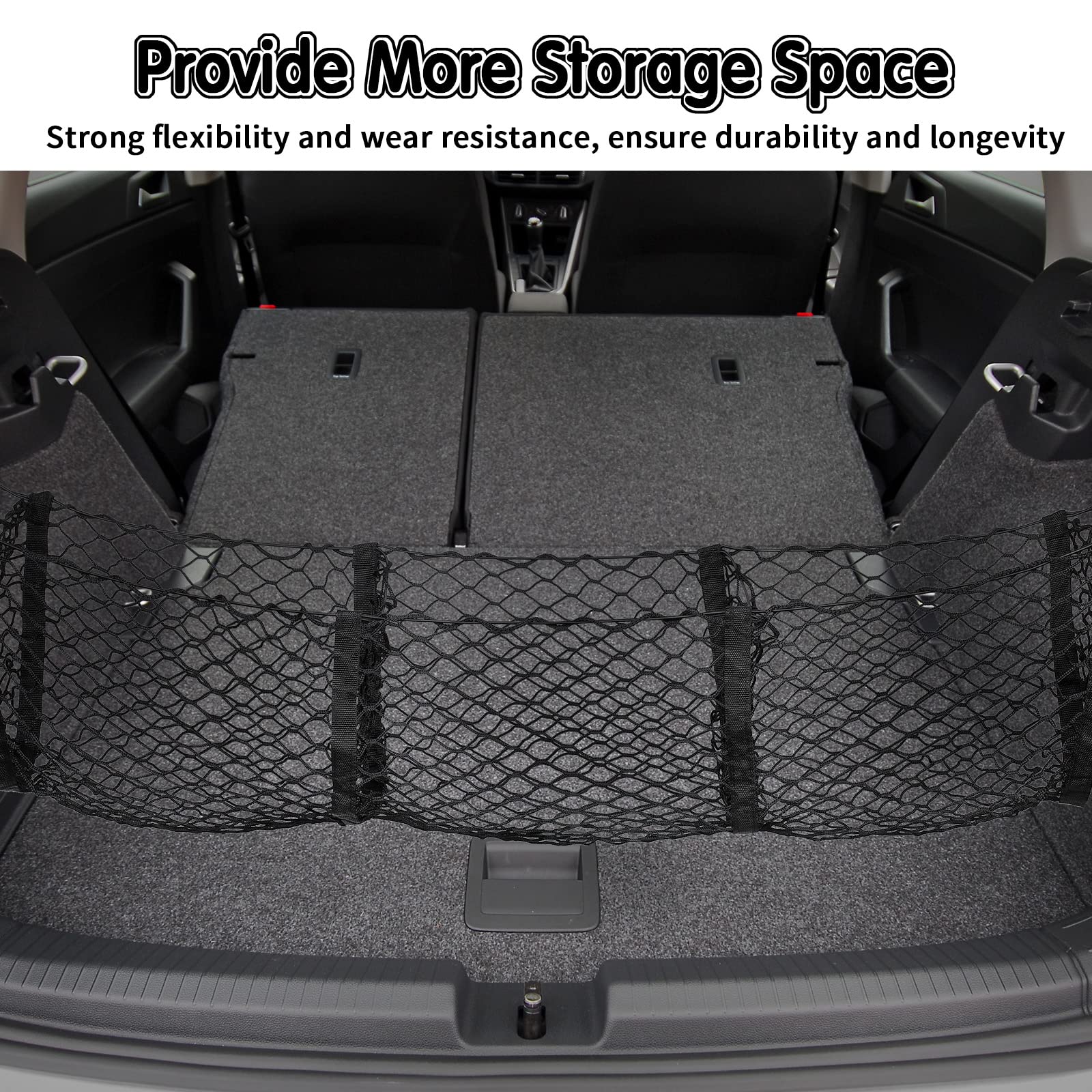 Tallew 3-Pocket Stretchable Cargo Net Organizer with Hooks & Buttonholes - 35.4 x 15.7 Inch Black Mesh Trunk Storage Bag for Pickup Trucks, SUVs & Car Beds - Perfect for Grocery Storage, Road Trips & Vehicle Organization