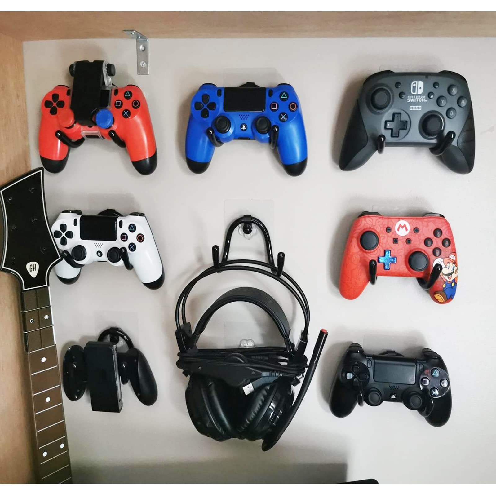 Universal Game Controller Wall Mount Holder for Xbox One, PS4, Switch Pro - 2 Pack Adhesive Organizer Rack with Headphone Hanger - Easy Installation for Gaming Room, Bedroom, and Office Organization