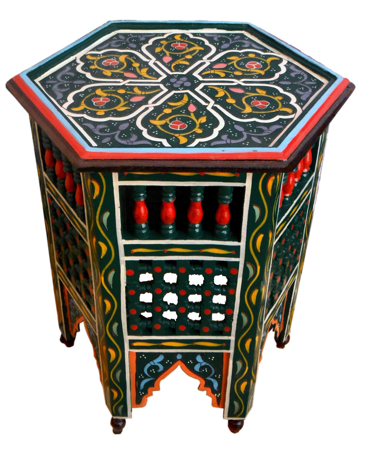 Exquisite Handmade Moroccan Wooden Side Table - Green Hand-Painted Moucharabi Design - Perfect for Living Room, Bedroom, or Office Decor