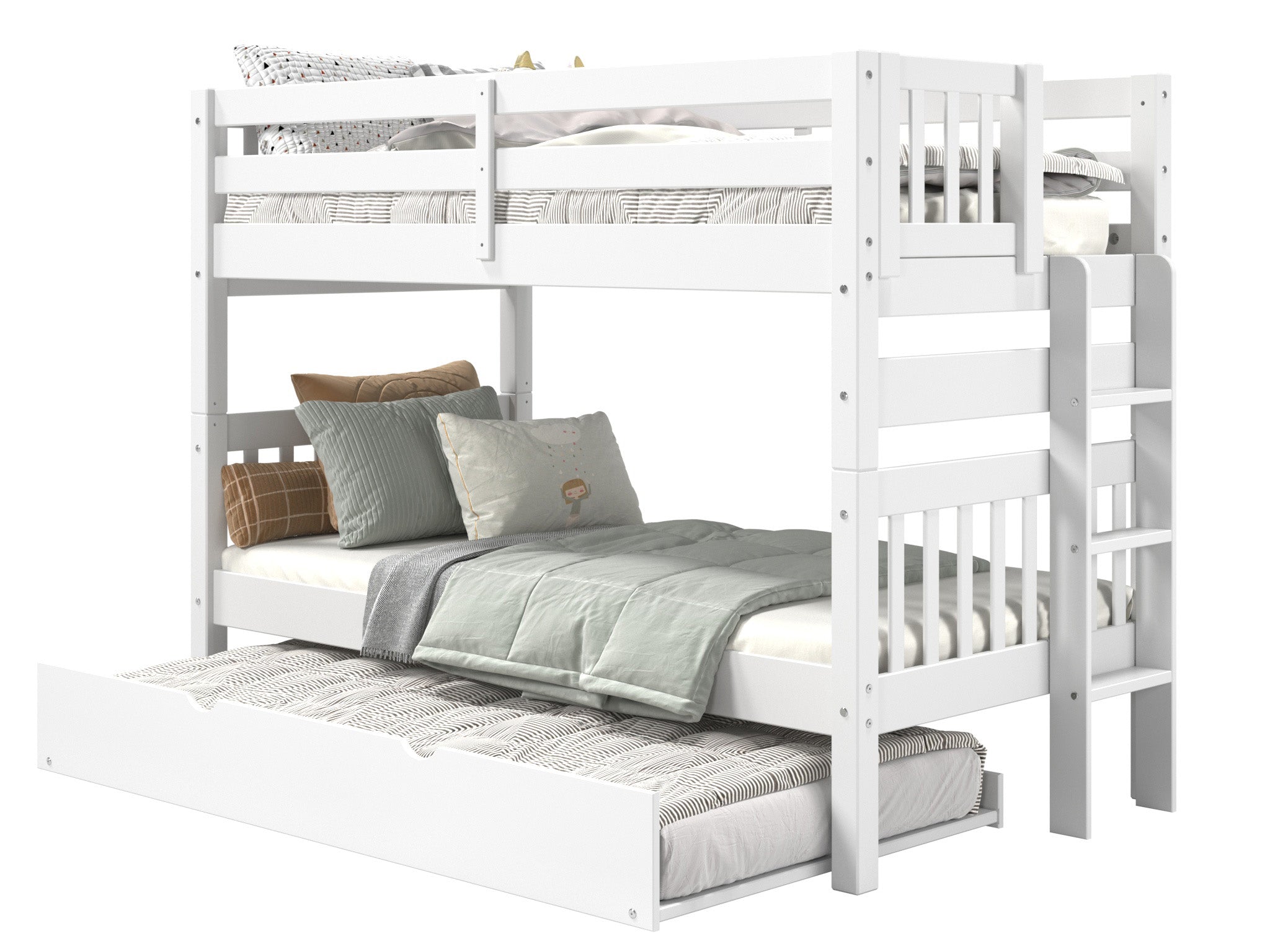 Twin Over Twin Bunk Bed with End Ladder & Trundle - White | Space-Saving Kids Bedroom Furniture for Small Rooms & Shared Spaces