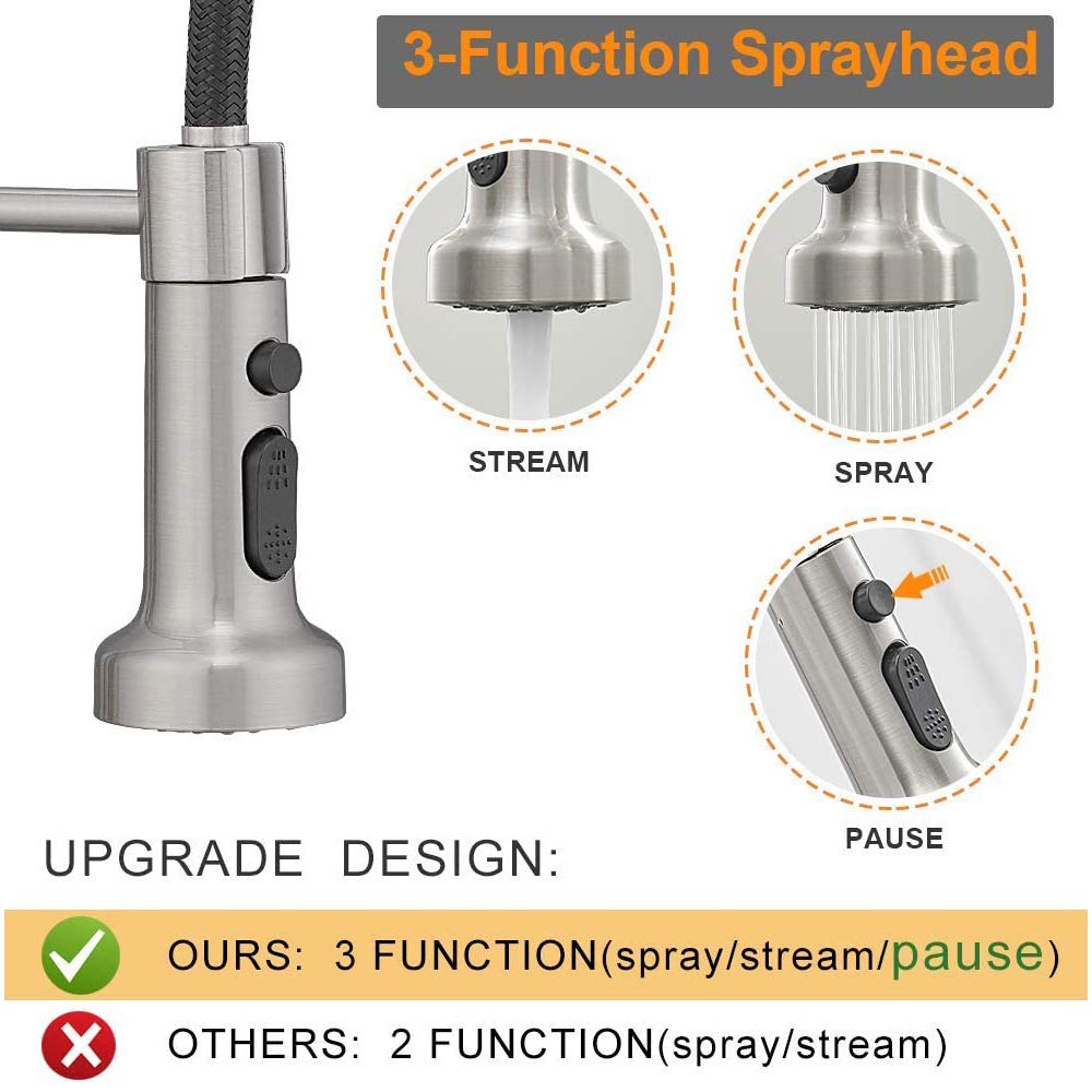 Hoimpro High Arc Brushed Nickel Spring Kitchen Faucet with Pull Down Sprayer - 3 Function Single Handle Laundry Faucet for RV, Home & Commercial Use - Durable Brass Construction (Single or 3 Hole Installation) - Perfect for Modern Kitchens, Camper Sinks & Utility Rooms