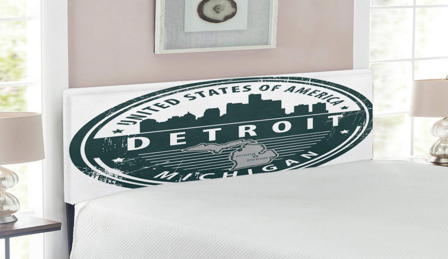 Ambesonne Detroit Headboard - Vintage Michigan USA Stamp Design with City Map, Upholstered Metal Bed Frame with Memory Foam - Queen Size in Black, White & Grey - Perfect for Bedroom Decor, Travel Enthusiasts & Vintage Style Homes