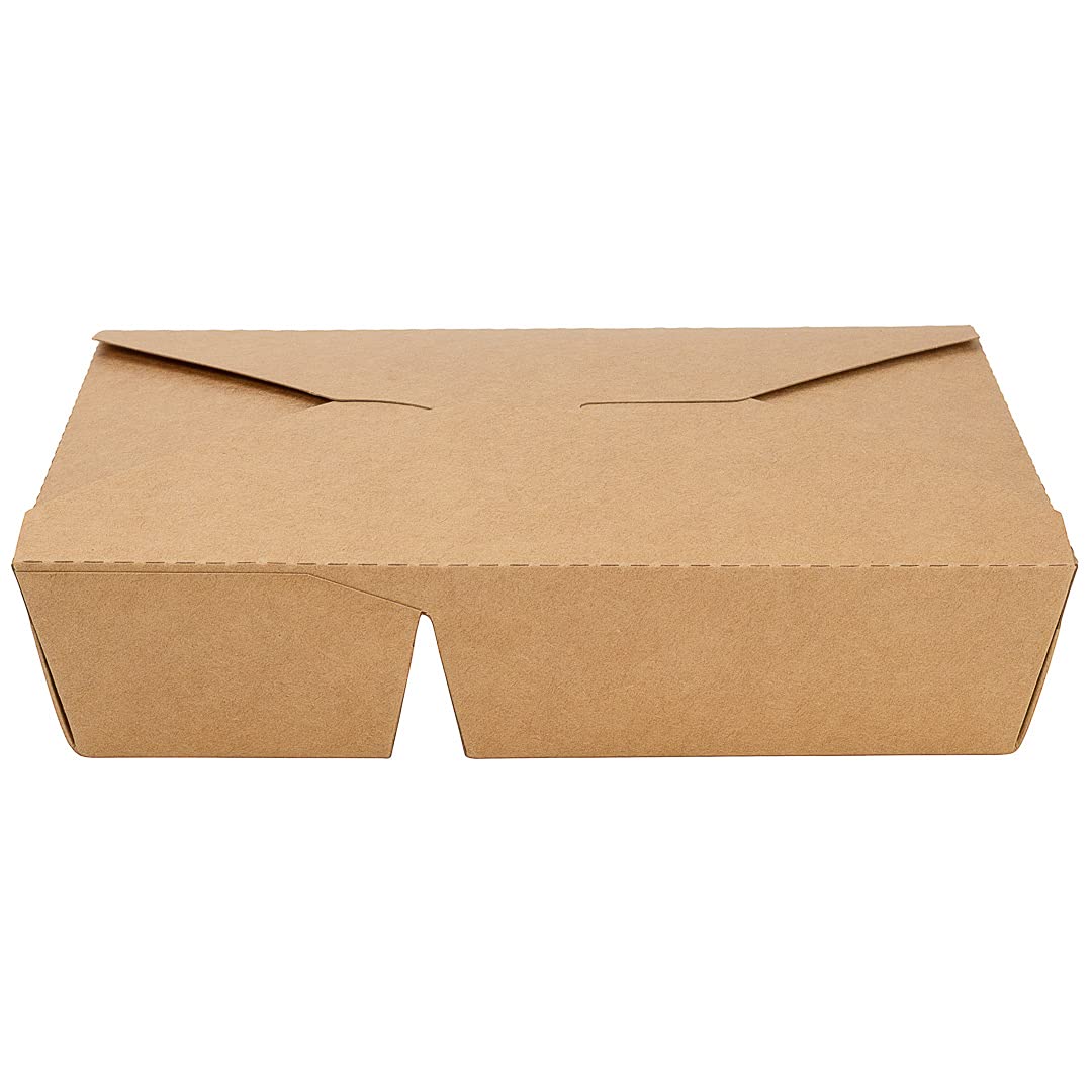 Eco-Friendly 50oz Kraft Paper Take Out Containers - 200 Pack of 2-Compartment Greaseproof Food Boxes with Secure Tab-Lock Closure | Perfect for Restaurants, Catering & Meal Prep | Safe for Hot/Cold Foods, Burgers, Salads & Leftovers