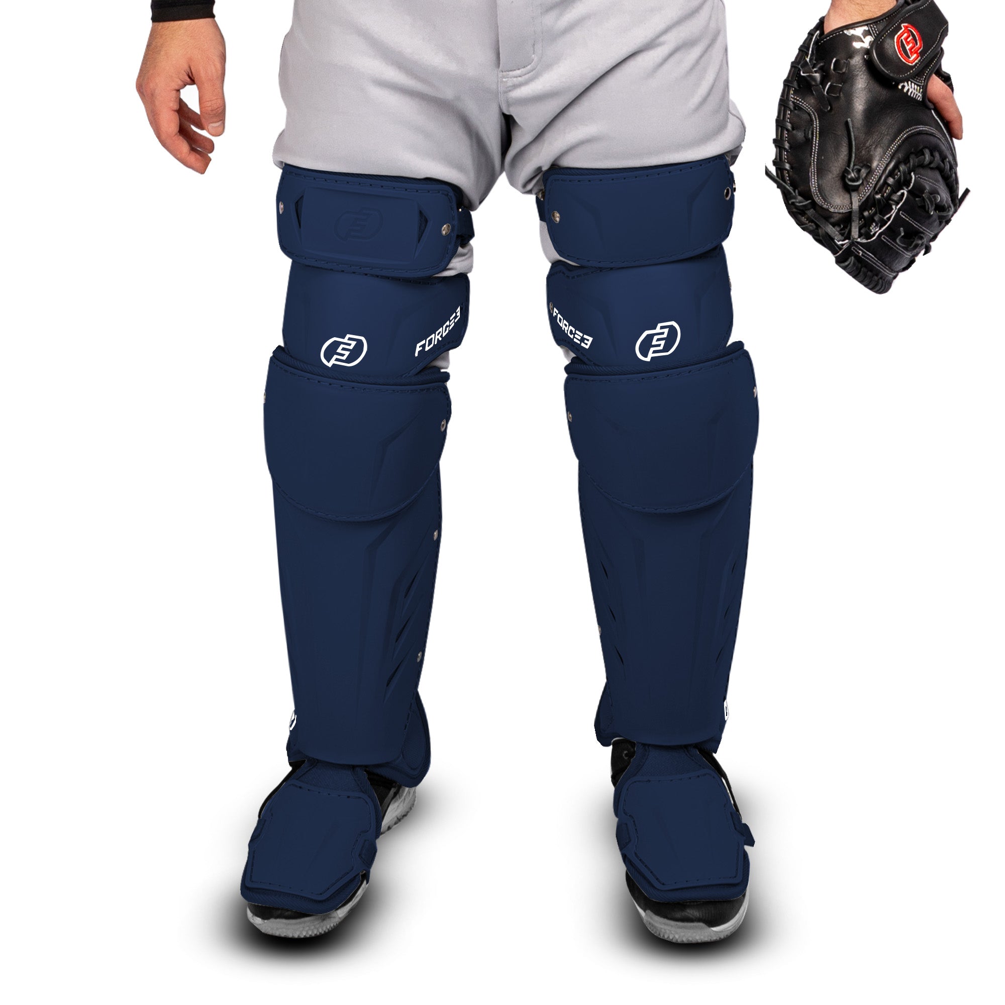 FORCE3 XS3® PRO ELITE Baseball Catcher Leg Guards - Adult Size | Lightweight Protective Gear for PitchCom® System | Perfect for MLB, College & Youth Games