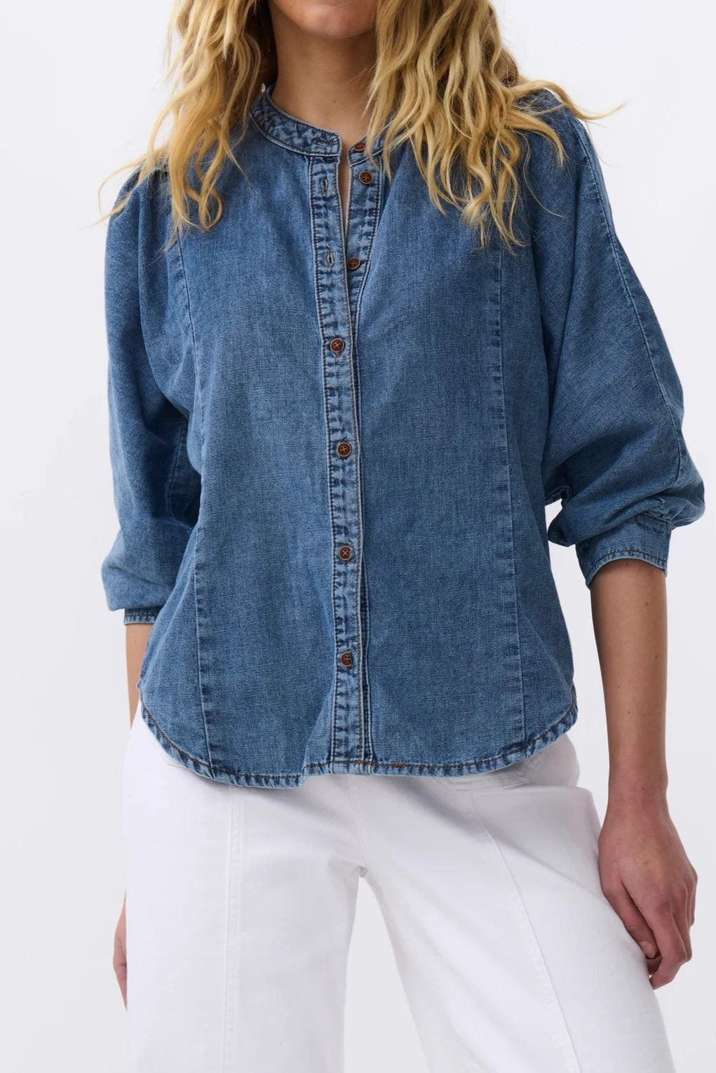 Kireina Isla Shirt - Women's Baja Blue Denim Button Down Top for Casual Wear & Beach Outfits