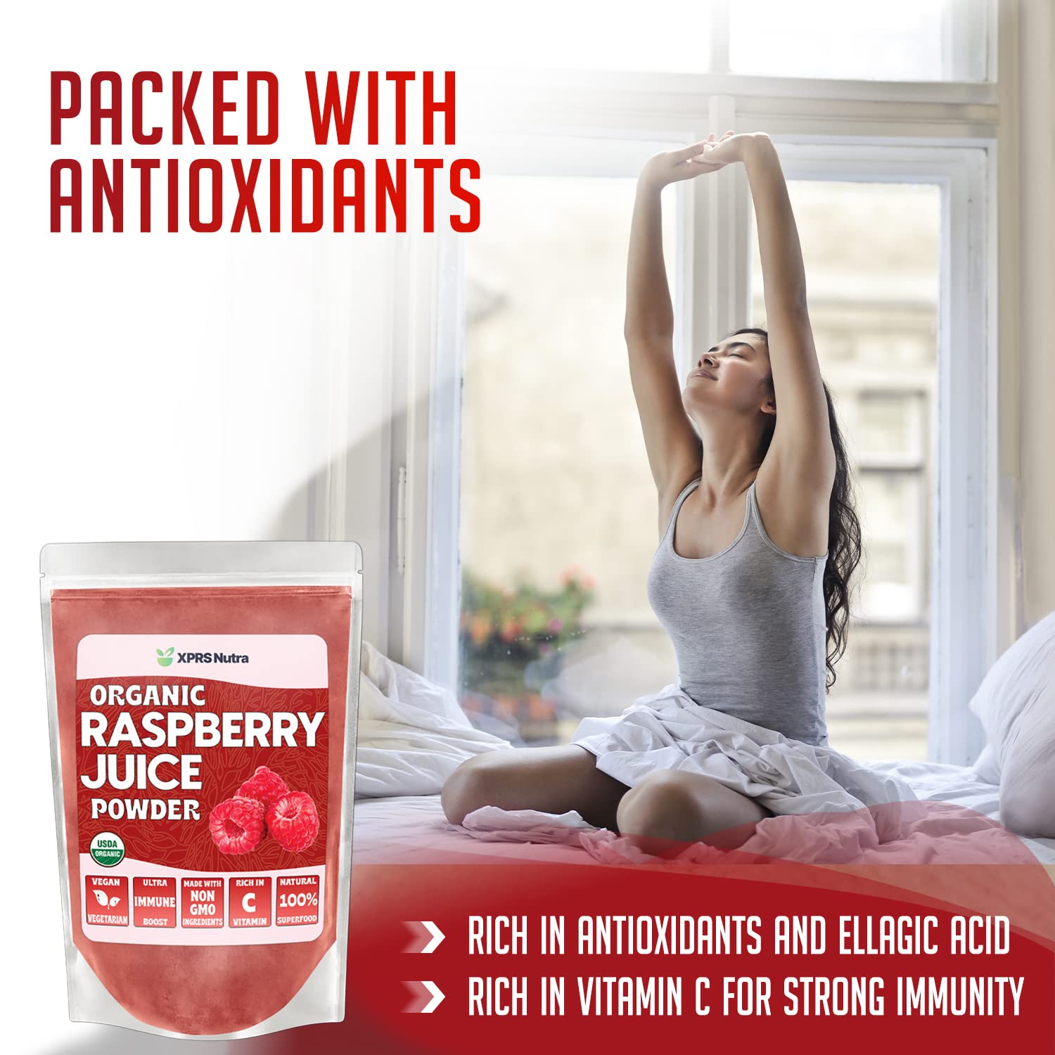 Organic Raspberry Juice Powder by XPRS Nutra - Vegan Superfood Supplement for Immune Support with Vitamin C - 8 oz for Smoothies, Drinks & Baking - Antioxidant-Rich Raspberry Powder for Energy & Wellness