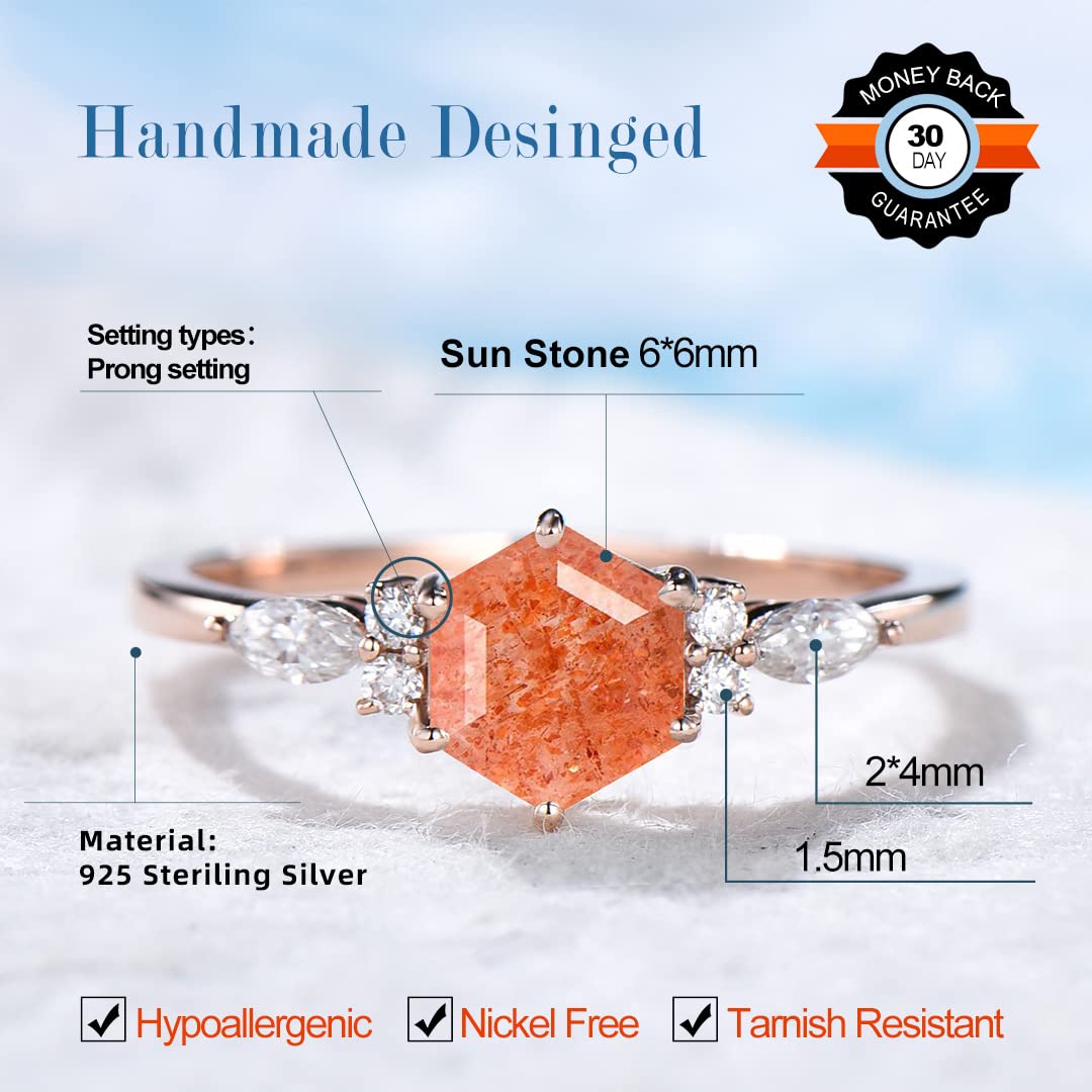 Genuine Sterling Silver Rose Gold Sunstone Engagement Ring – Hexagon Cut Orange Gemstone Cluster Ring for Women & Girls (Size 4-10) | Perfect for Weddings, Anniversaries, Birthdays & Special Occasions – Comes with Elegant Gift Box