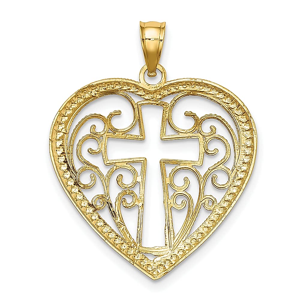 10K Solid Yellow Gold Rhodium-Plated Filigree Heart Cross Pendant Necklace - Religious Jesus Christ Charm for Women, Gift for Baptism, First Communion, Confirmation & Spiritual Occasions