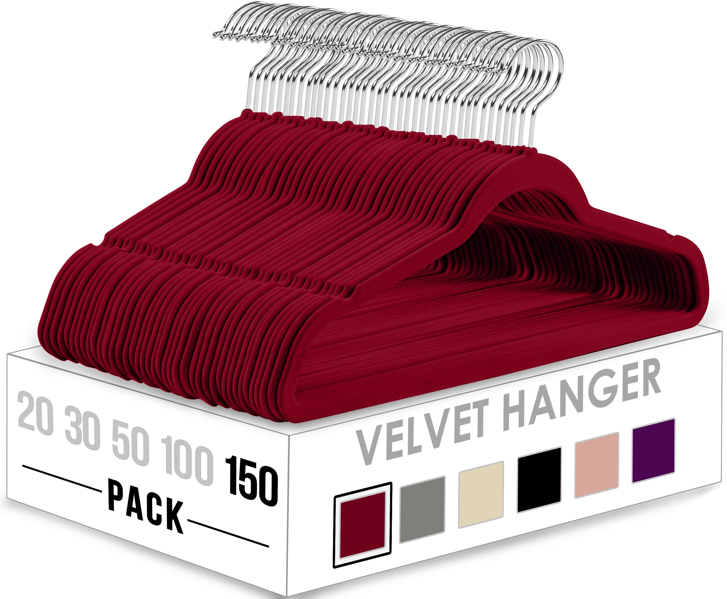 Utopia Home 150 Pack Velvet Non-Slip Hangers - Burgundy Clothes Hangers with 360° Rotating Hooks for Heavy Duty Coats & Pants - Space Saving Wardrobe Organization for Closet, Laundry Room & Travel