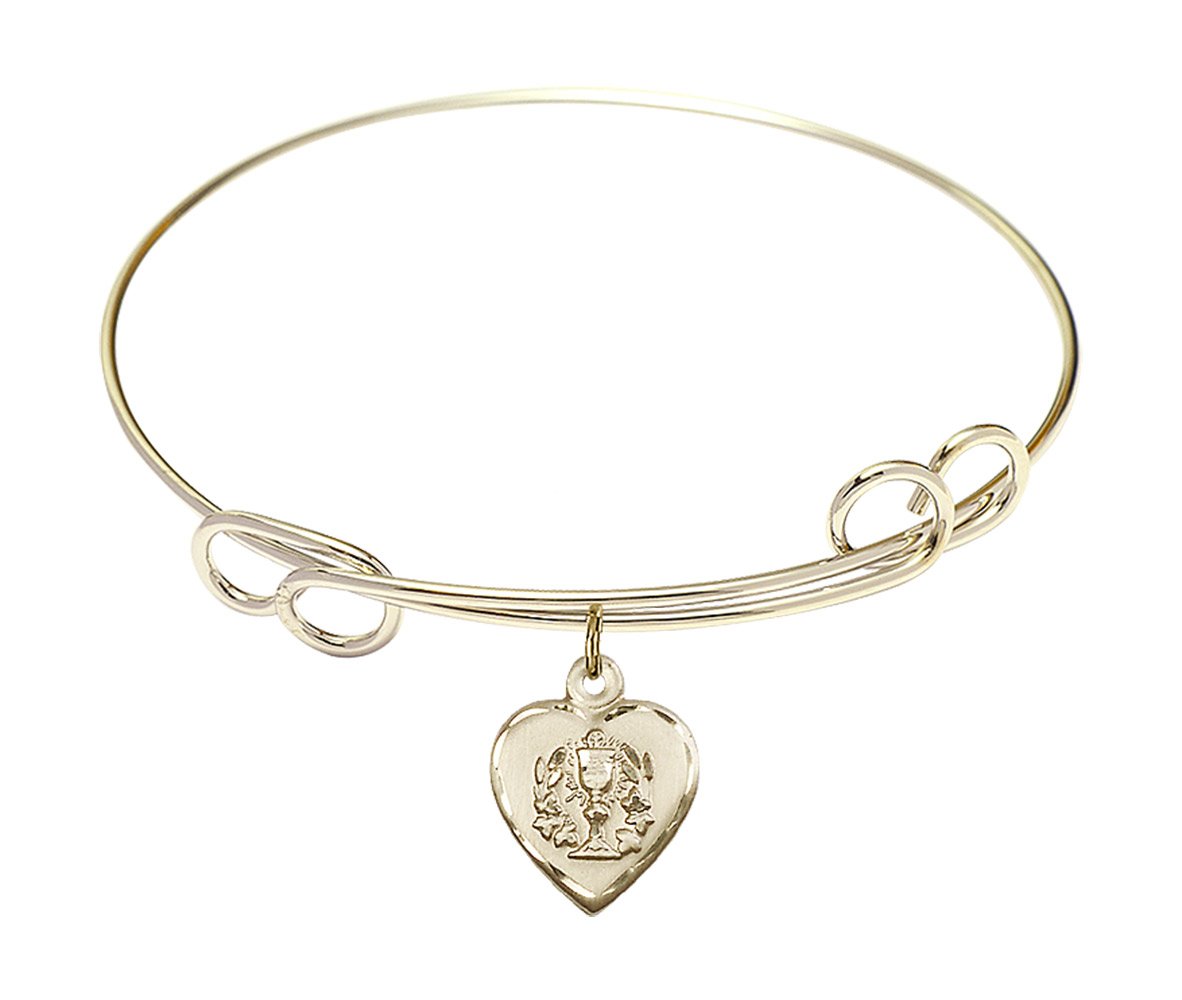 F A Dumont 7.5 Inch Round Double Loop Bangle Bracelet with Heart & Communion Charm - Perfect for Religious Ceremonies, Weddings & Special Occasions