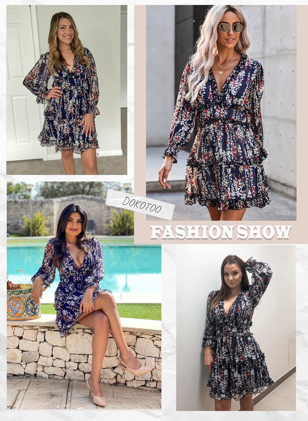 Dokotoo Women's Deep V Neck Long Sleeve Backless Floral Ruffle Mini Dress - Spring Summer 2025 Flowy Party Cocktail Dress for Date Night & Beach Vacation