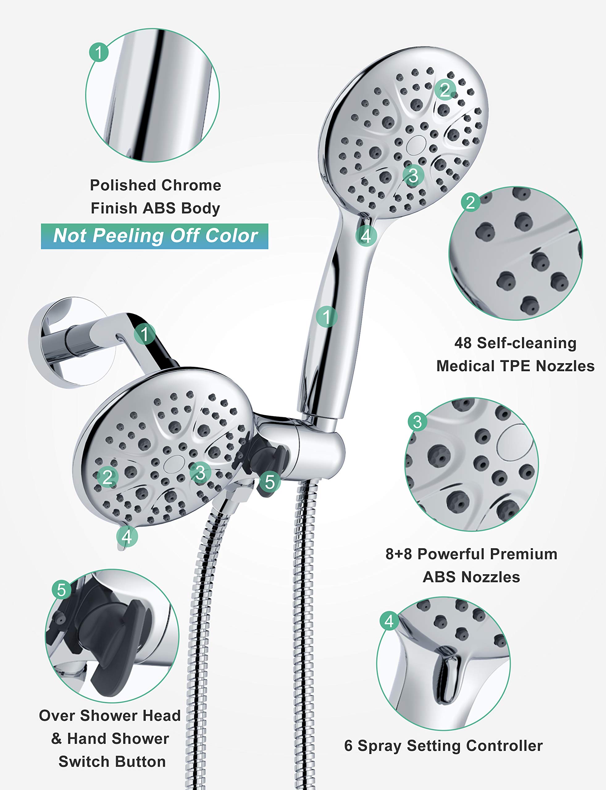 SR SUN RISE 35-Function High Pressure Shower System with Rain Shower Head & Tub Spout - 2-in-1 Dual Shower Combo Faucet Set with 3-Way Diverter Valve - Polished Chrome Finish for Bathroom & Spa Relaxation