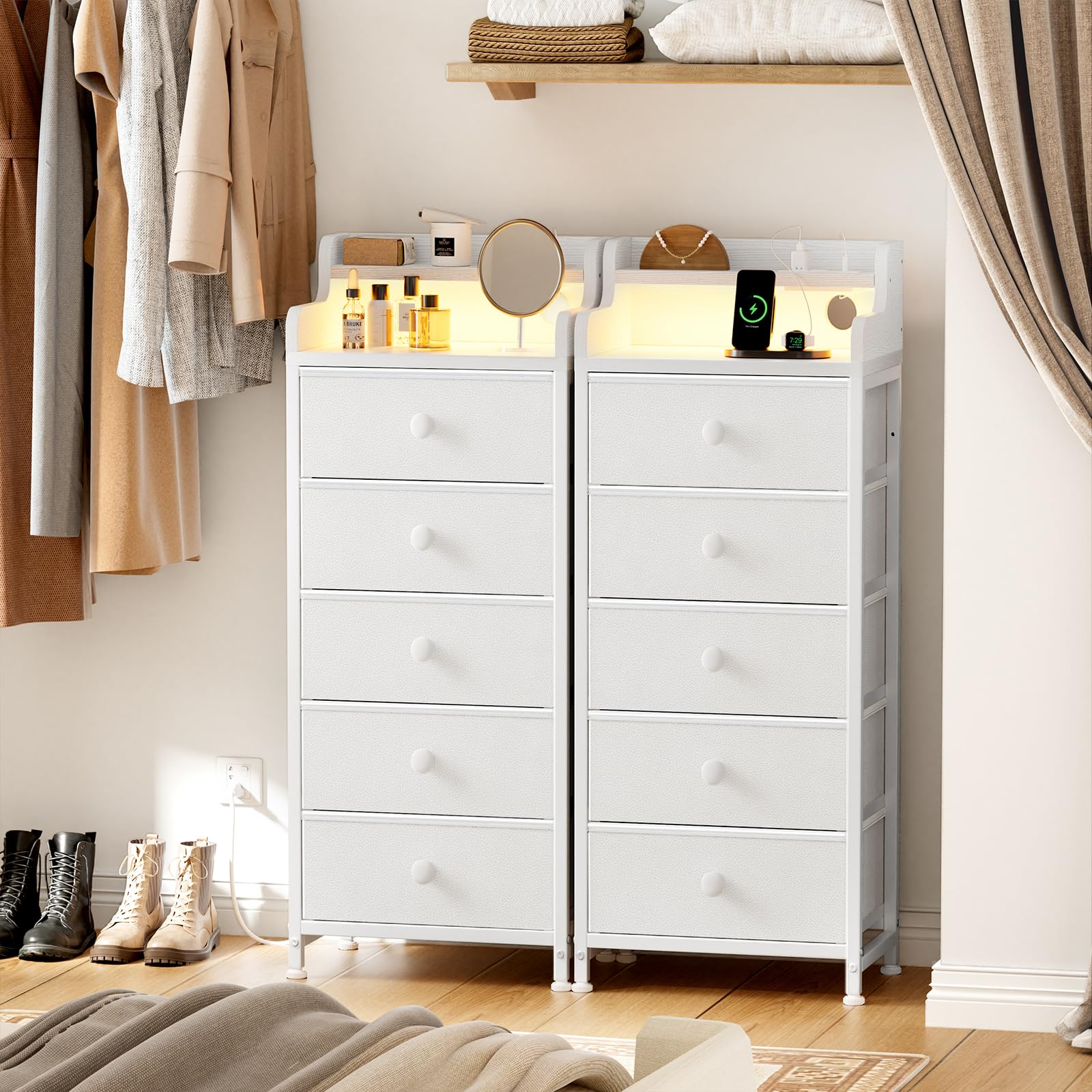 REAHOME 5-Drawer Dresser with Charging Station & LED Lights - White Wooden Chest of Drawers with Shelves, Sturdy Steel Frame & Leather Top - Perfect for Bedroom, Nursery, or Dorm Organization & Storage