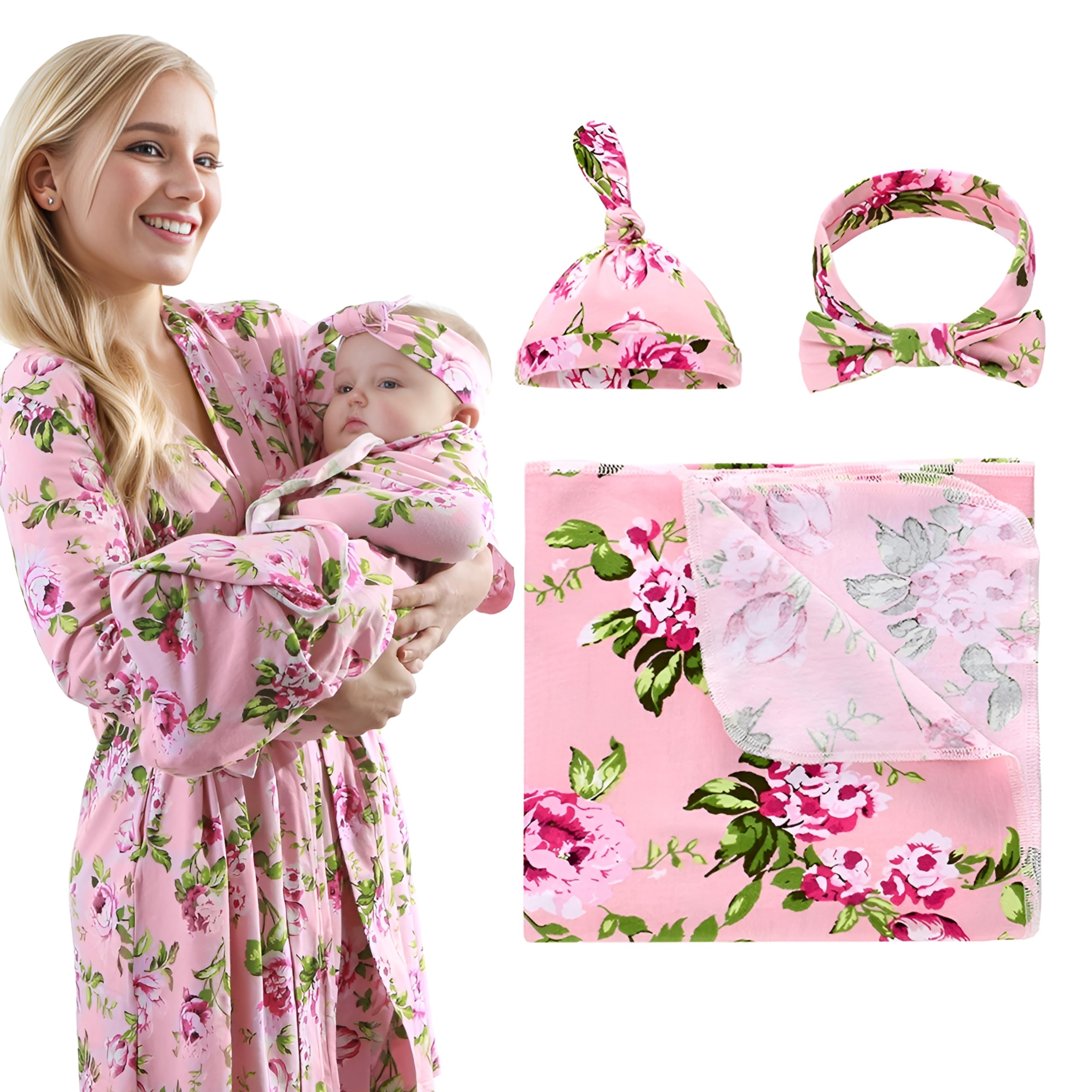 4 Pack Maternity Robe & Baby Swaddle Set with Hat - Stretchy Nursing Dress with Pockets & Receiving Blanket for Mom & Newborn (Pink Floral) - Perfect for Hospital Delivery, Breastfeeding & Newborn Photography