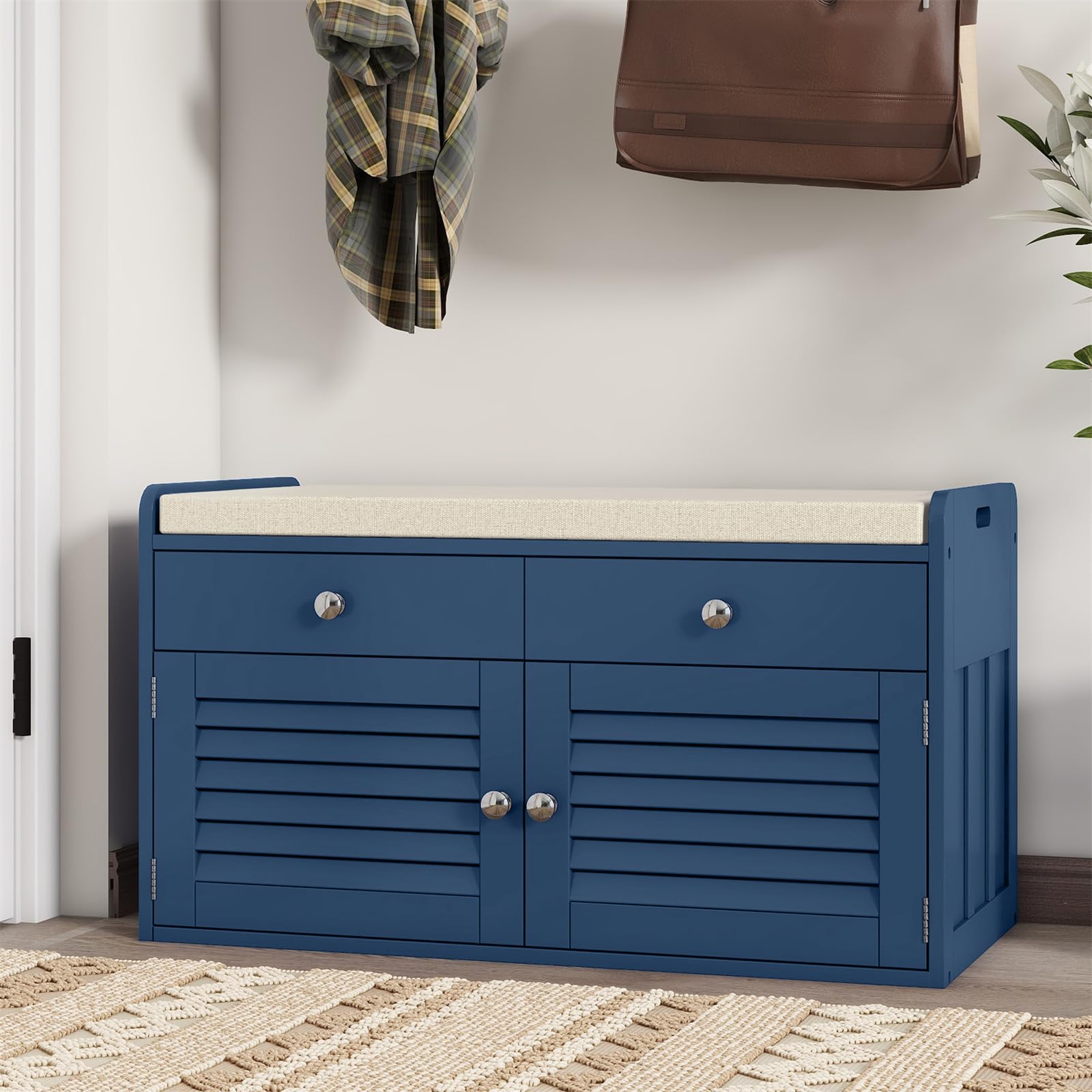 Multi-Functional Shoe Storage Bench with 2 Drawers & 2 Doors - Entryway Organizer with Cushioned Seat, Adjustable Shelves - Shoe Cabinet for Hallway, Living Room, Bedroom & Mudroom (Blue) - Perfect for Small Space Organization & Entryway Decor