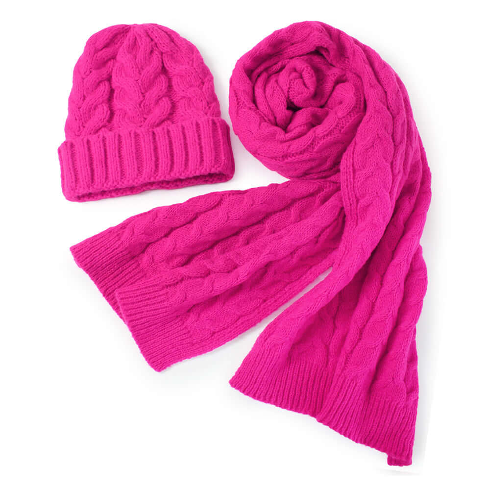 Women's Fuchsia Cable Knit Hat and Scarf Set - Soft Winter Accessories for Women - Perfect for Snow Days, Skiing & Outdoor Activities (Medium, Hand Wash)