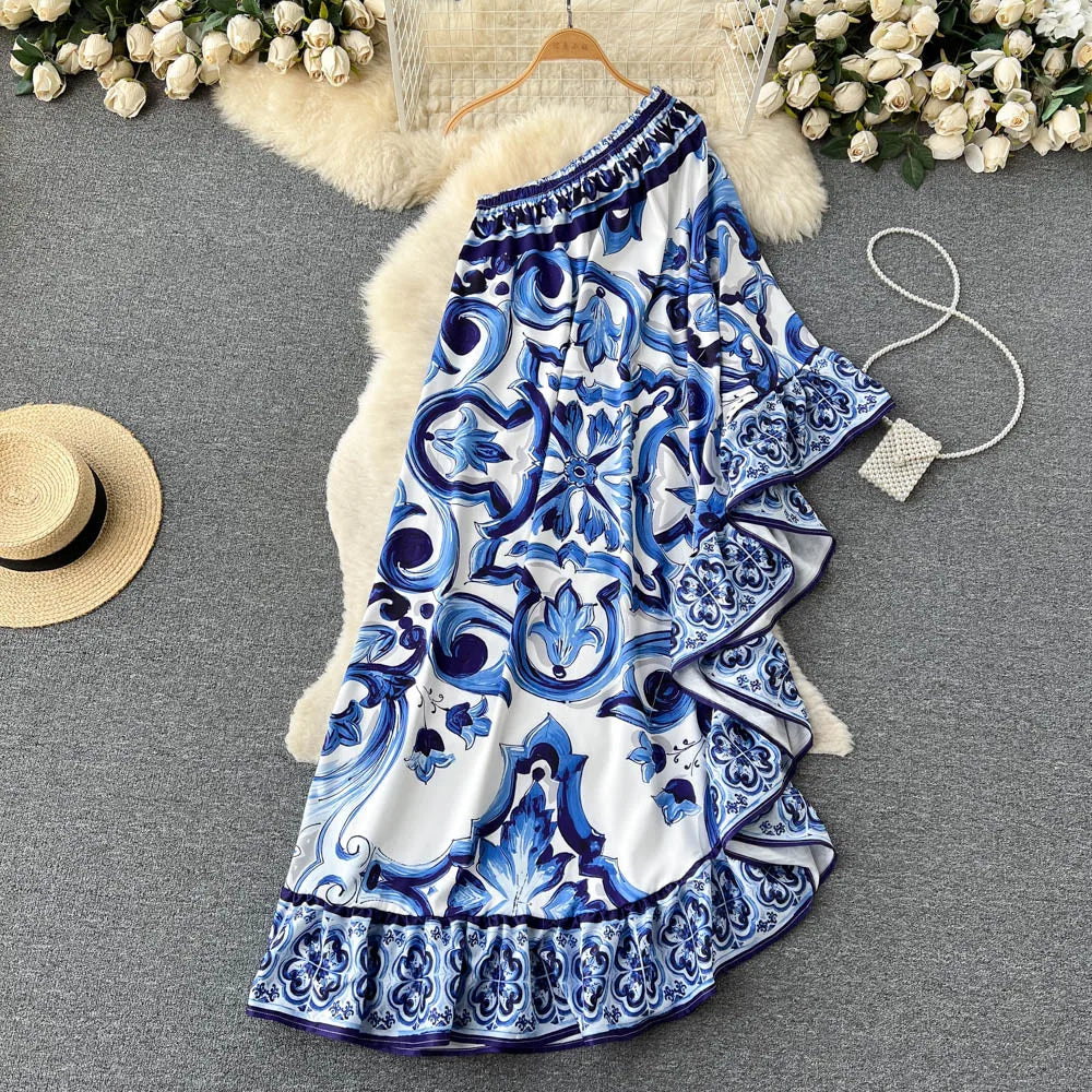 2023 New Summer Women's Bohemian Asymmetry Long Dress - Off Shoulder Blue & White Porcelain Print Ruffled Hem Loose Maxi Dress | Beach Wedding, Vacation, Party Wear