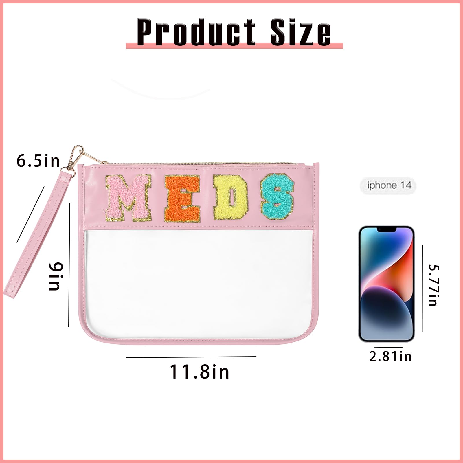 Personalized Clear Medicine Chenille Letter Makeup Bag - Waterproof PU Leather Zipper Pouch for First Aid, Travel & Cosmetics Organization - Transparent Medication Storage (Pink) - Perfect for Travel, Gym, Daily Essentials & Emergency Kits