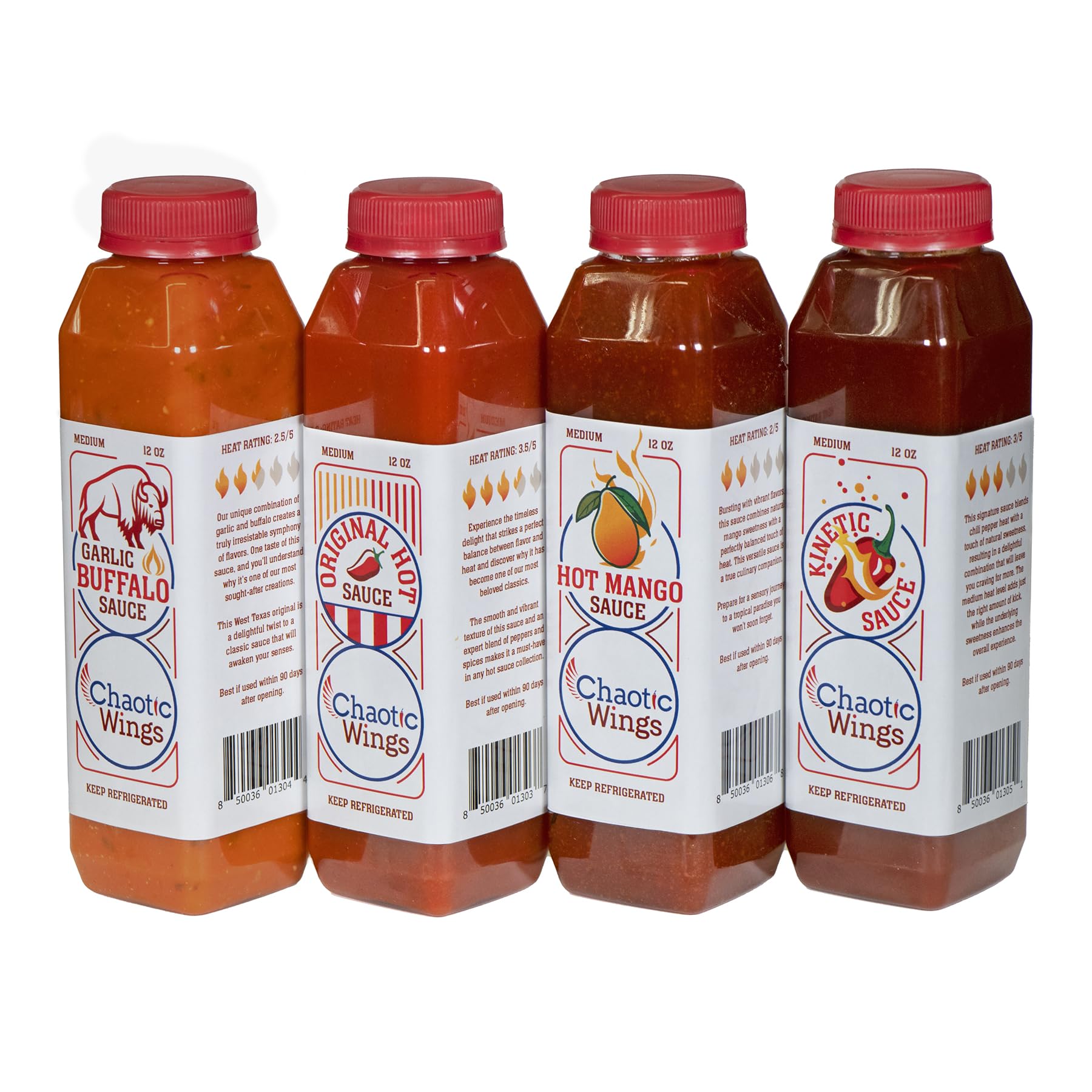 Chaotic Sauces - Medium Heat Hot Sauce Variety Pack (4 x 12oz) | Garlic Buffalo, Original Hot, Hot Mango & Kinetic Sauce | Perfect for Wings, Tacos, Burgers & BBQ