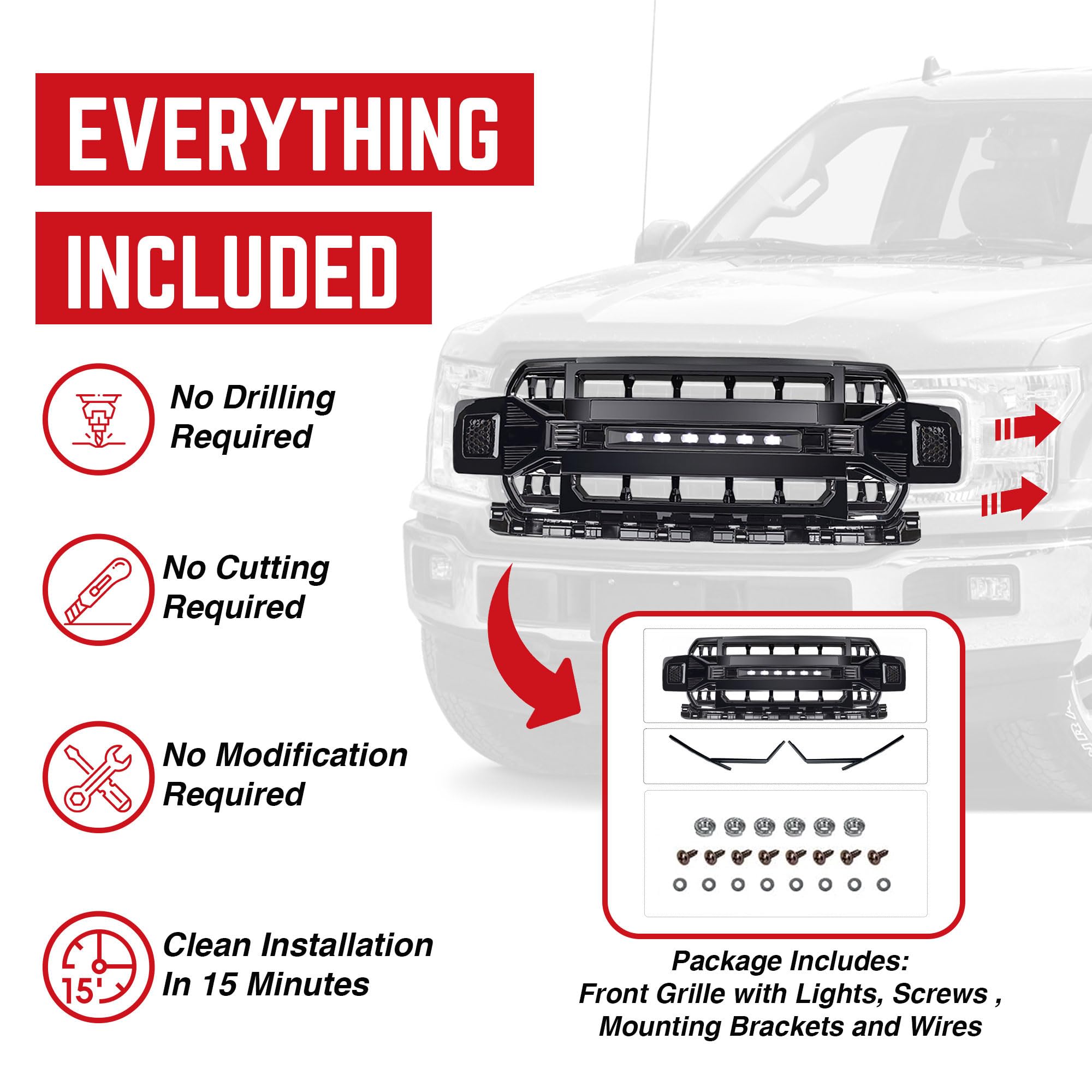 2018-2020 Ford F150 Direct Fit Replacement Front Grille with Off-Road Lights | Glossy Black Armor Grille | Perfect for Off-Roading & Truck Customization
