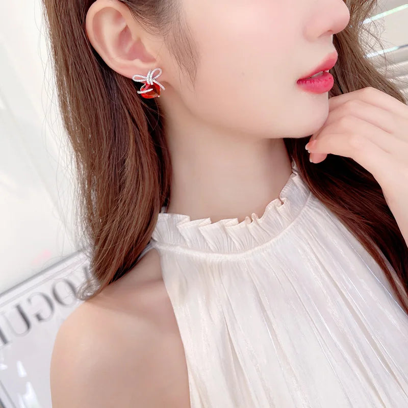 Sweet French Stud Earrings with Bow Knot Ribbon - Gradient Zircon Heart Shaped Earrings for Women - Elegant Jewelry Accessories for Date Night, Wedding & Special Occasions - LYX275