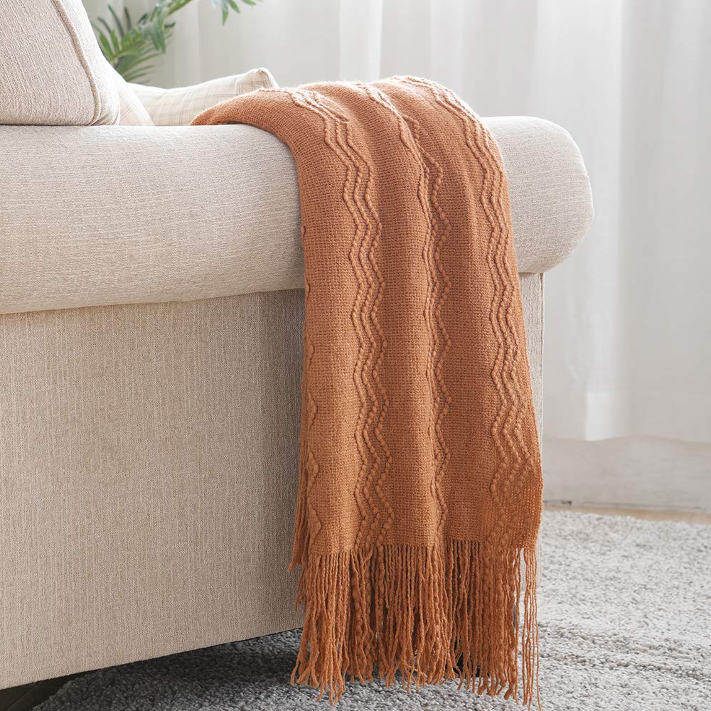 BOURINA 50x60 Inches Soft Knit Throw Blanket - Textured Solid Almond Sofa Couch Blanket for Cozy Living Room, Bedroom & Travel
