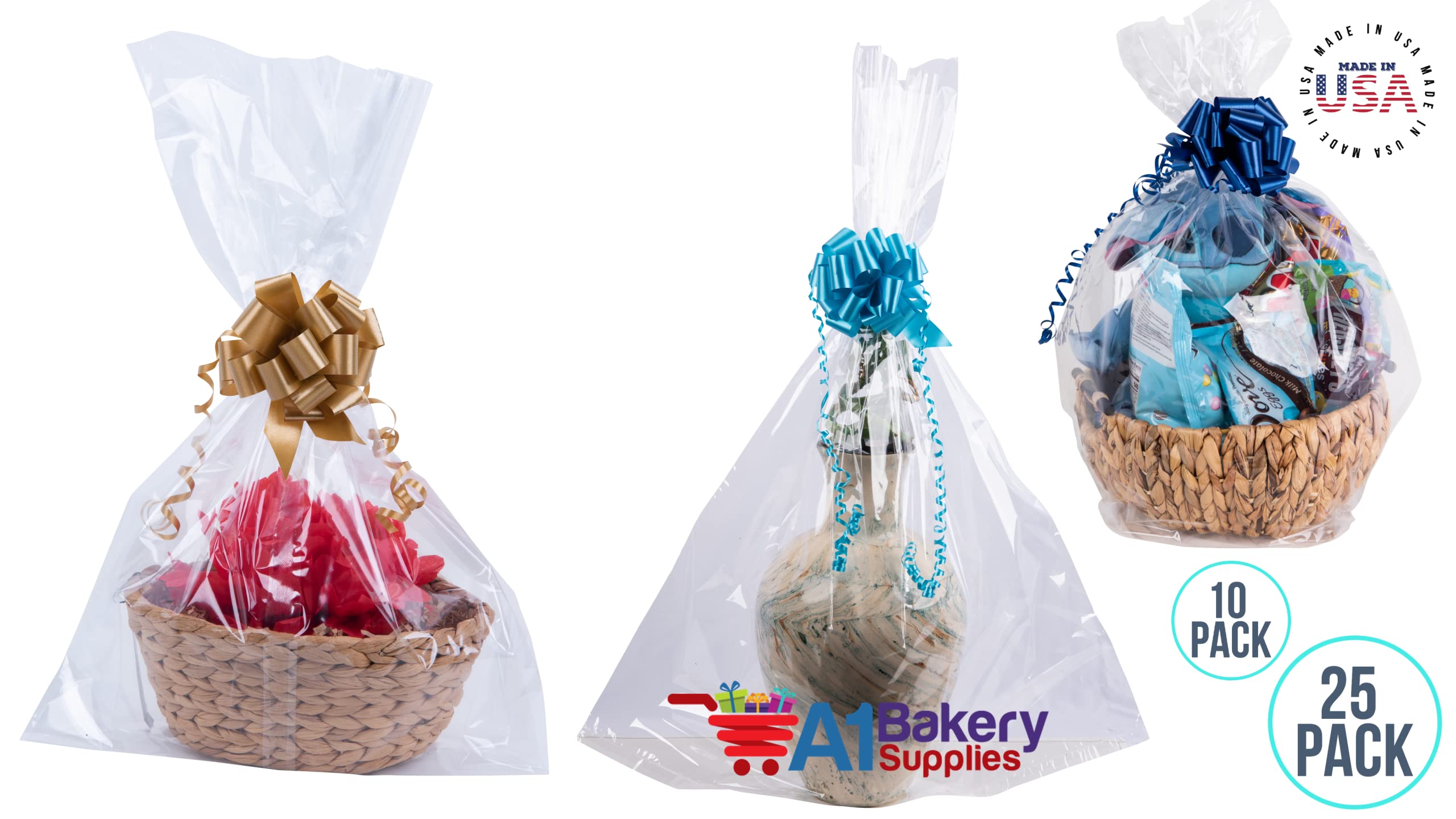 A1 Bakery Supplies 10-Pack Clear Cellophane Gift Bags 12x24 Inches - Perfect for Gift Baskets, Party Favors & Bakery Packaging