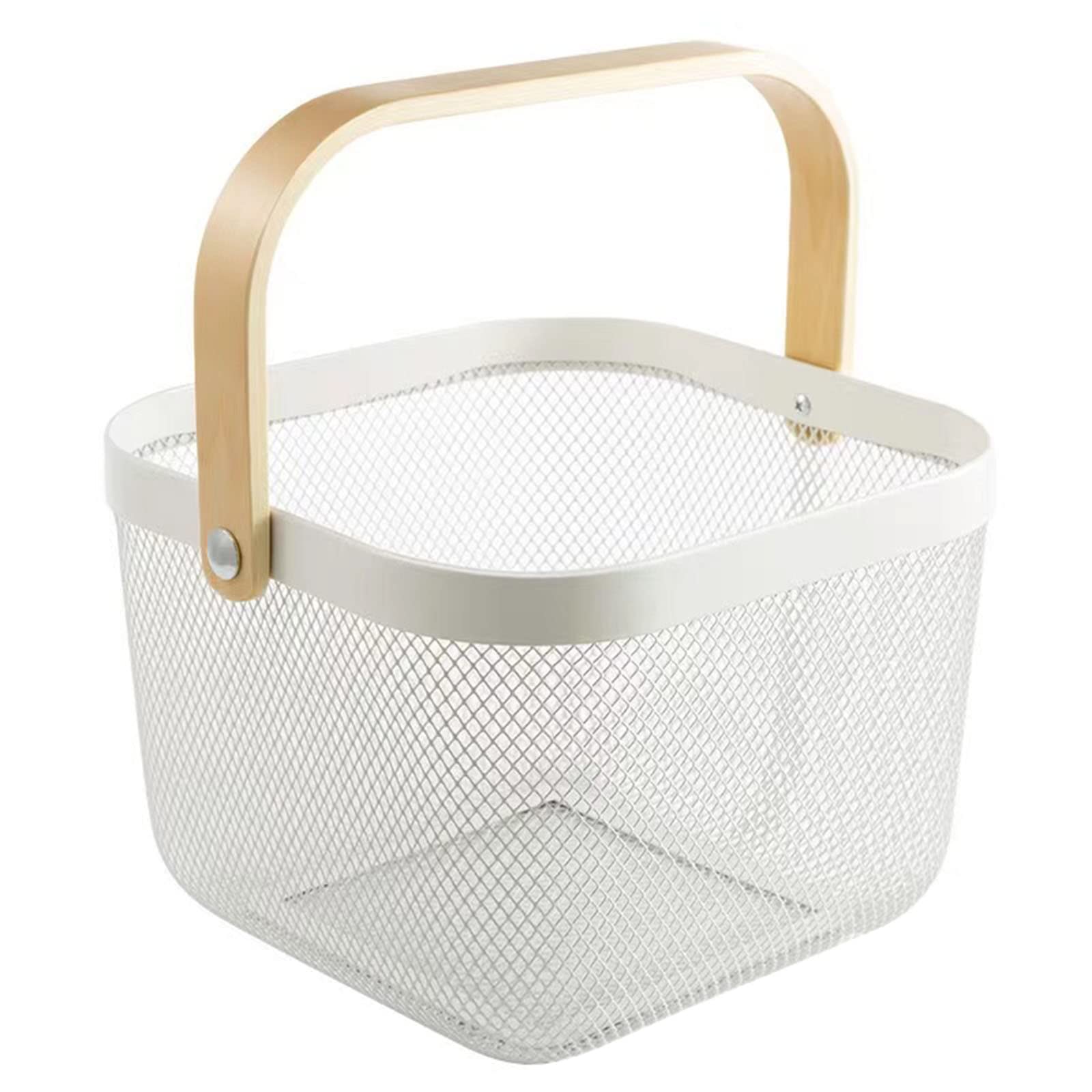 Stainless Steel Mesh Storage Basket with Bamboo Handle - Multi-Purpose Organizer for Kitchen, Bathroom, Picnic & Home Decor - White (Perfect for Fruit Storage, Shopping & Cabinet Organization)