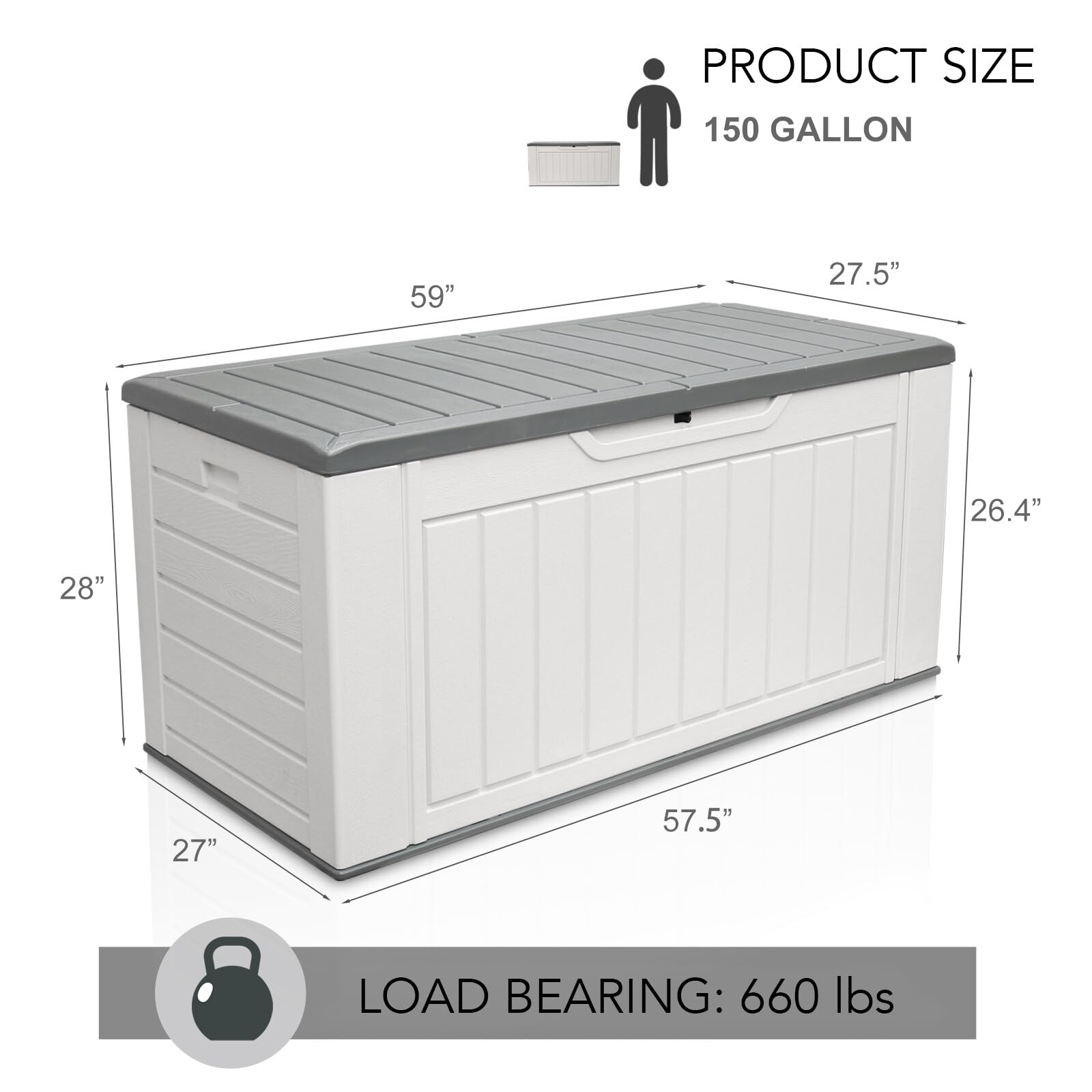 150 Gallon Outdoor Storage Box - Waterproof Resin Deck Box with Lock - Large Patio Storage Container for Furniture, Cushions, Garden Tools & Pool Supplies - White - Perfect for Backyard, Deck & Poolside Organization